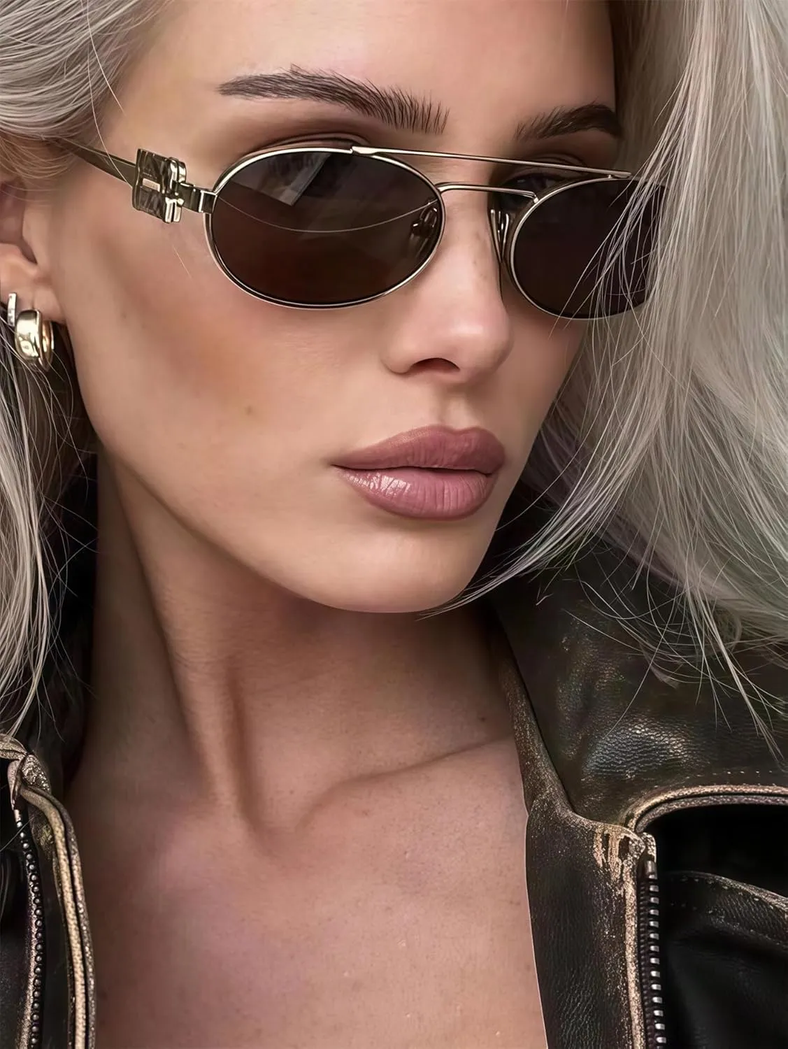 Retro Oval 90s Metal Sunglasses for Women, 2025 Trendy Chic Narrow Gold Sun Glasses Fashion Sunnies