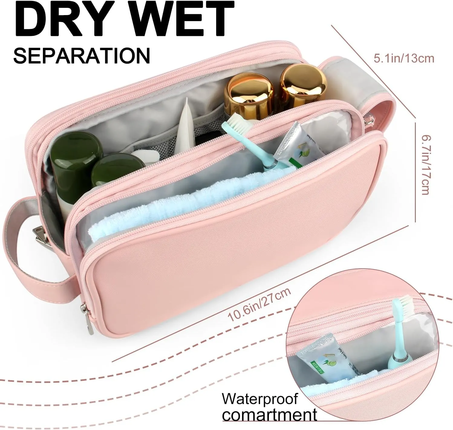 Rhea Rose Toiletry Bag for Women, Makeup Travel Bag Organizer, Large Bathroom Cosmetic bag, Traveling Dopp Kit Accessories Shower Bag, Pink