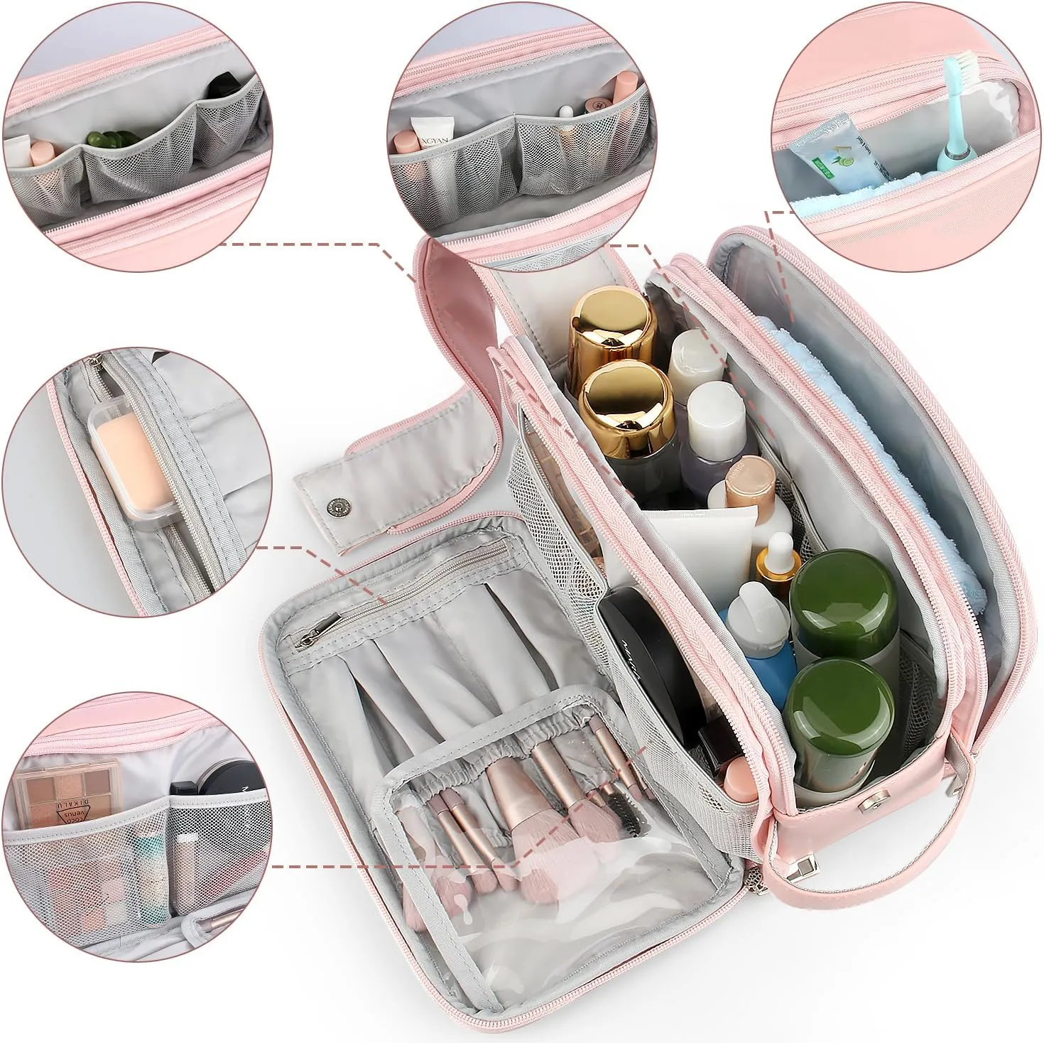 Rhea Rose Toiletry Bag for Women, Makeup Travel Bag Organizer, Large Bathroom Cosmetic bag, Traveling Dopp Kit Accessories Shower Bag, Pink