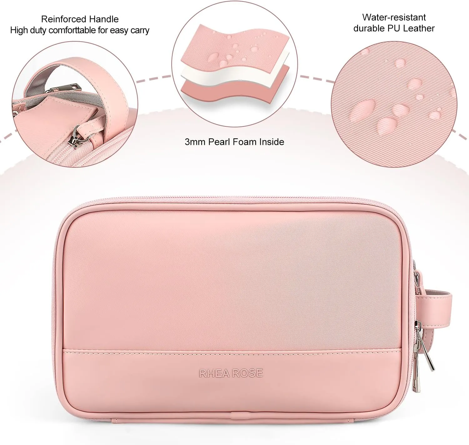 Rhea Rose Toiletry Bag for Women, Makeup Travel Bag Organizer, Large Bathroom Cosmetic bag, Traveling Dopp Kit Accessories Shower Bag, Pink