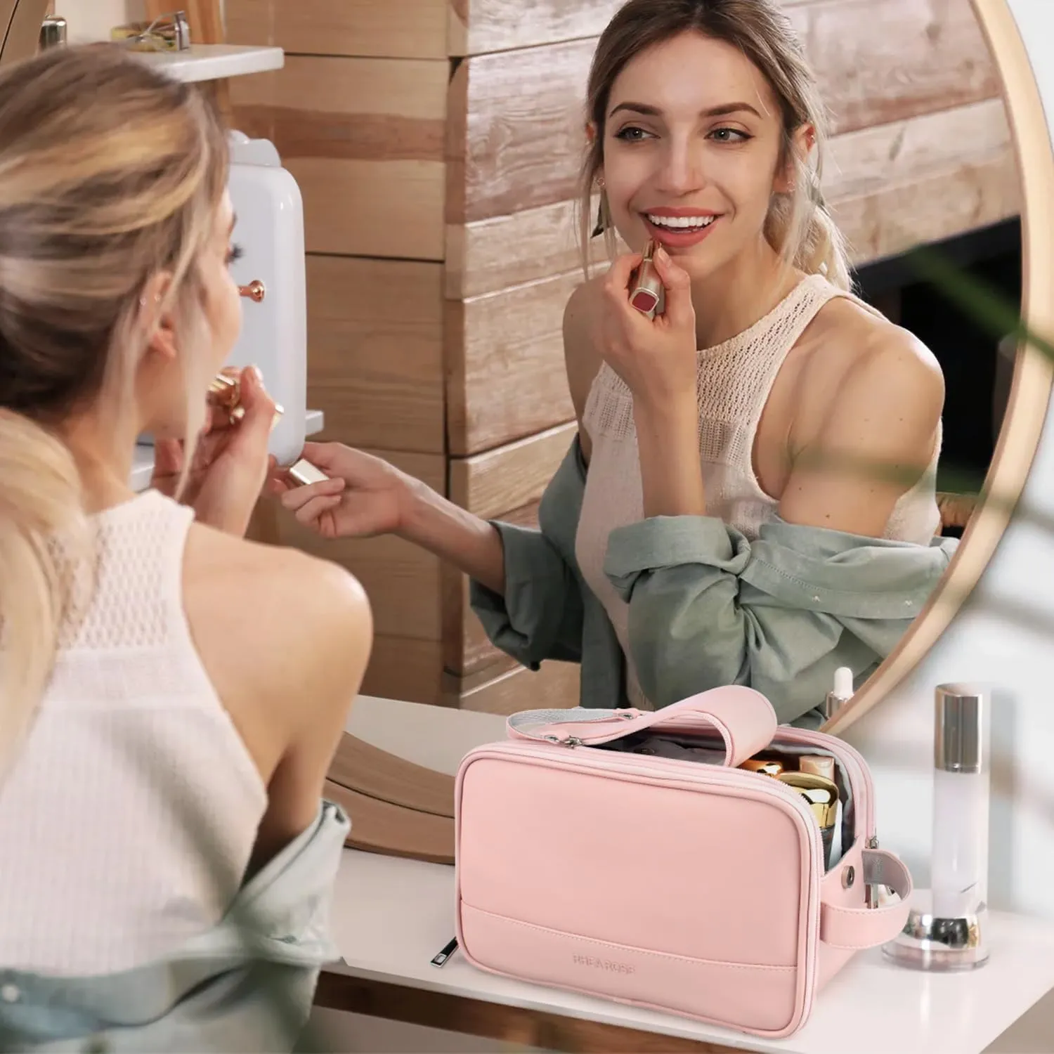 Rhea Rose Toiletry Bag for Women, Makeup Travel Bag Organizer, Large Bathroom Cosmetic bag, Traveling Dopp Kit Accessories Shower Bag, Pink