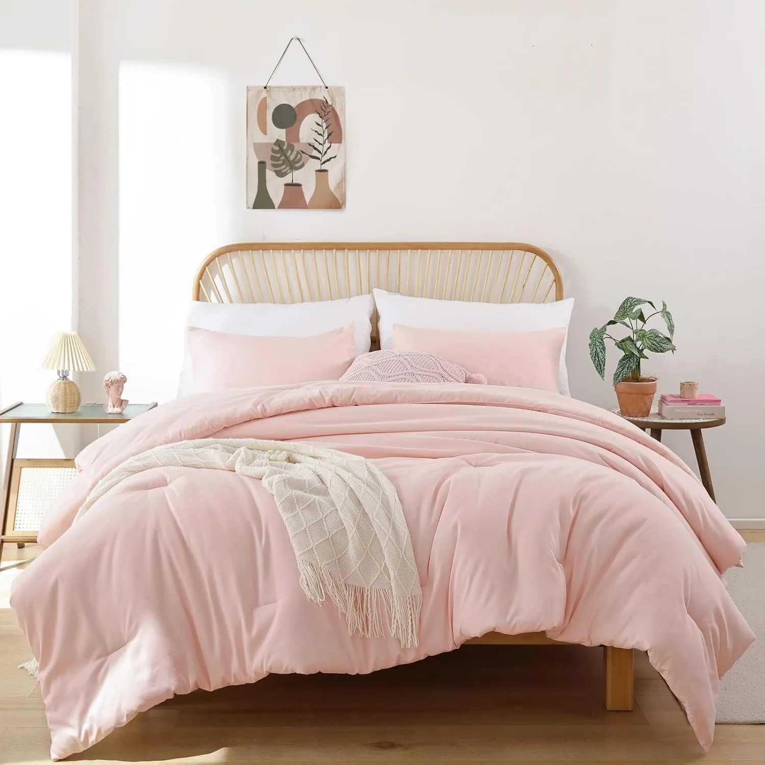 ROSGONIA King Size Comforter Set Blush, 3pcs (1 Boho Grey Comforter & 2 Pillowcases) All Season Bedding Soft Lightweight Bedspread Blanket Quilt