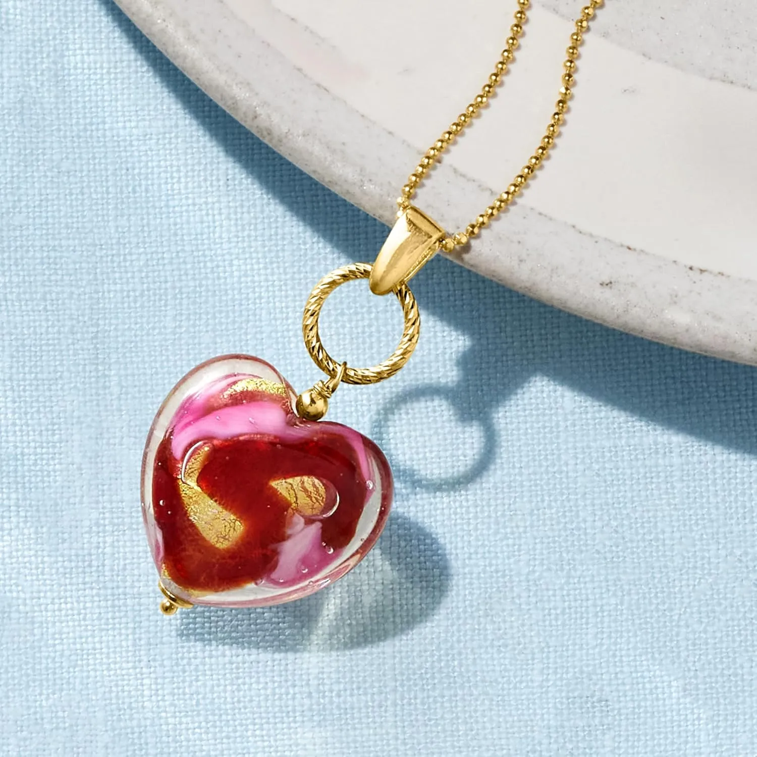 Ross-Simons Italian Red and Pink Murano Glass Heart Necklace in 18kt Gold Over Sterling