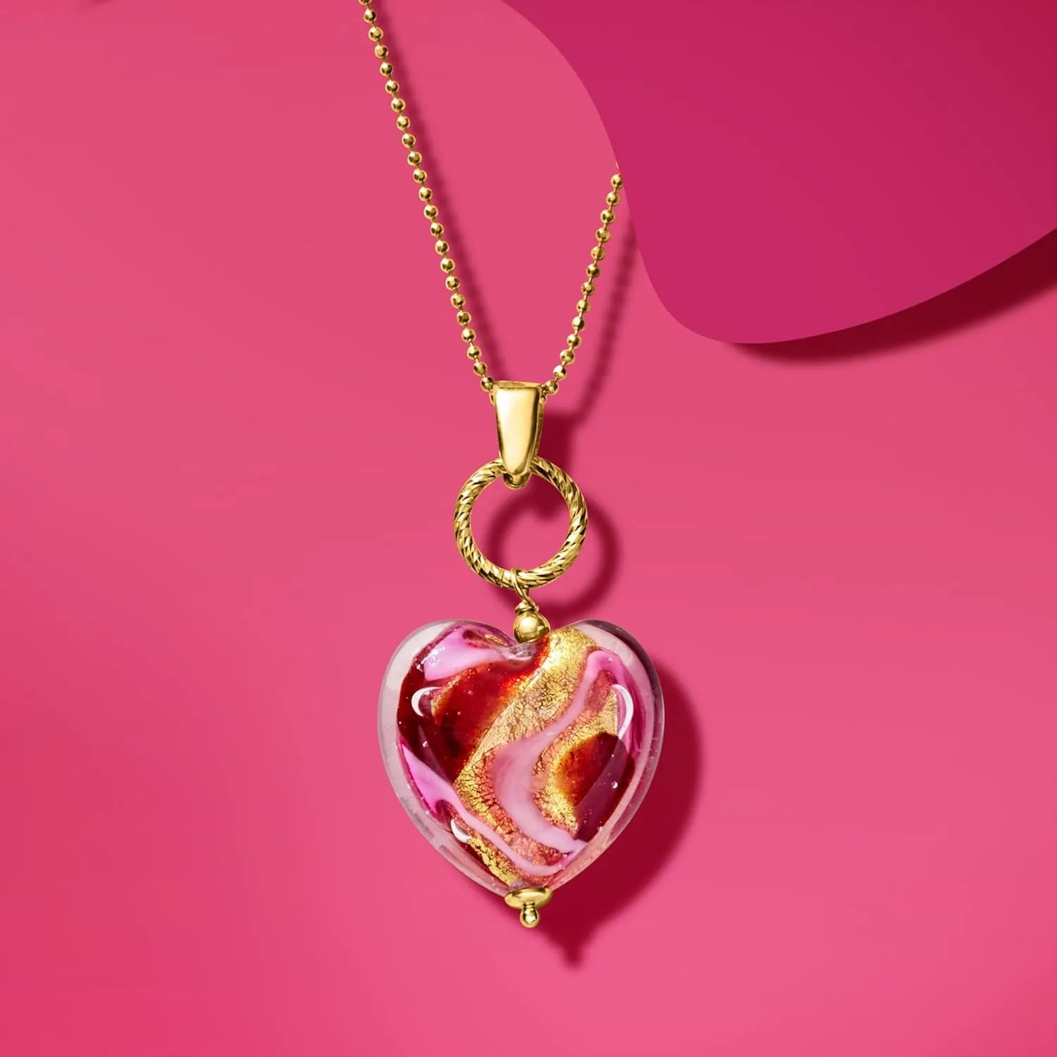 Ross-Simons Italian Red and Pink Murano Glass Heart Necklace in 18kt Gold Over Sterling