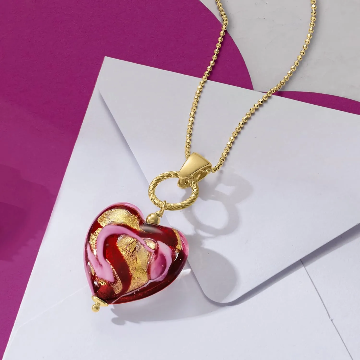 Ross-Simons Italian Red and Pink Murano Glass Heart Necklace in 18kt Gold Over Sterling
