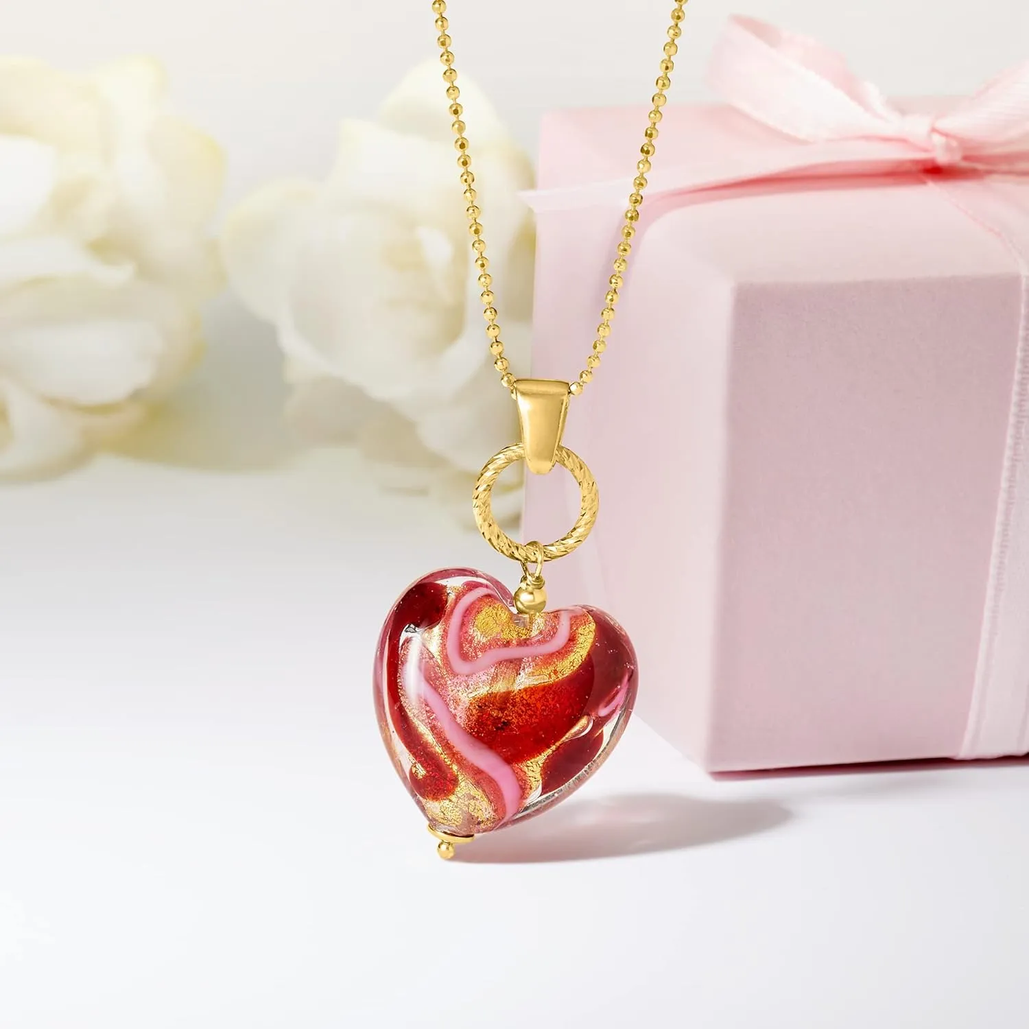Ross-Simons Italian Red and Pink Murano Glass Heart Necklace in 18kt Gold Over Sterling