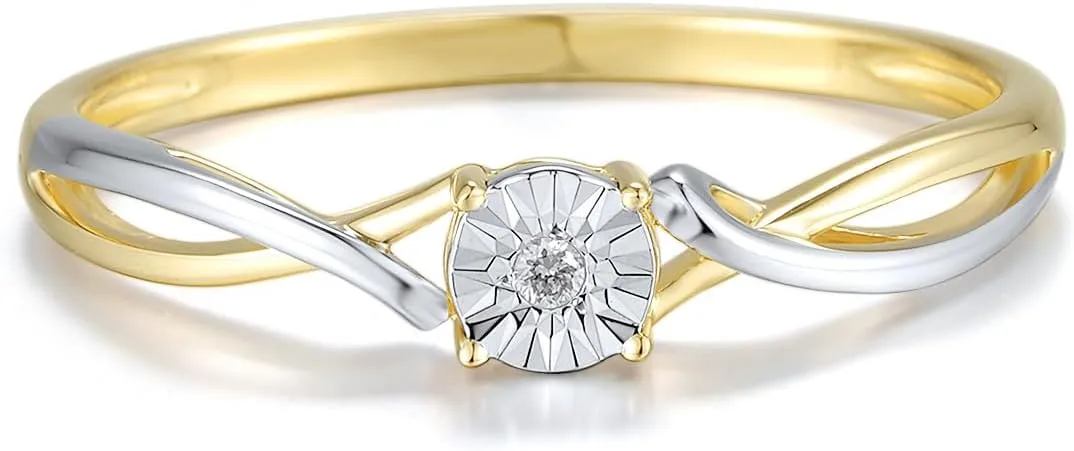 Santuzza 10K Solid Gold Two Tone Solitaire Genuine Diamond Dainty Ring for Women