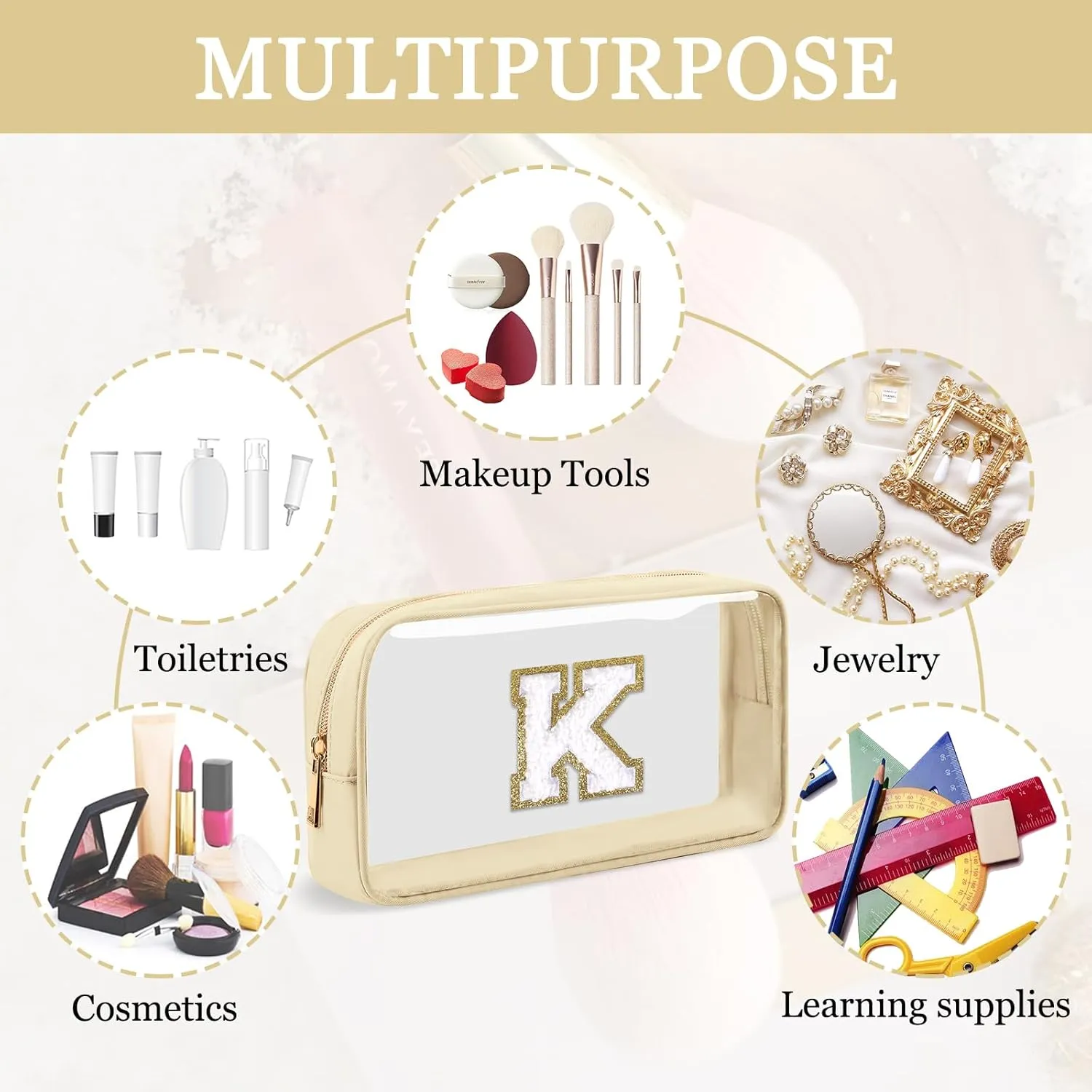 Small Clear Personalized Initial Makeup Bag,Nylon Preppy A-Z Chenille Letter Patch Cosmetic Pouch Beach Toiletry Bag,Waterproof Zipper Travel Purse Storage Bag Organizer for Women Girls(Beige-White K)