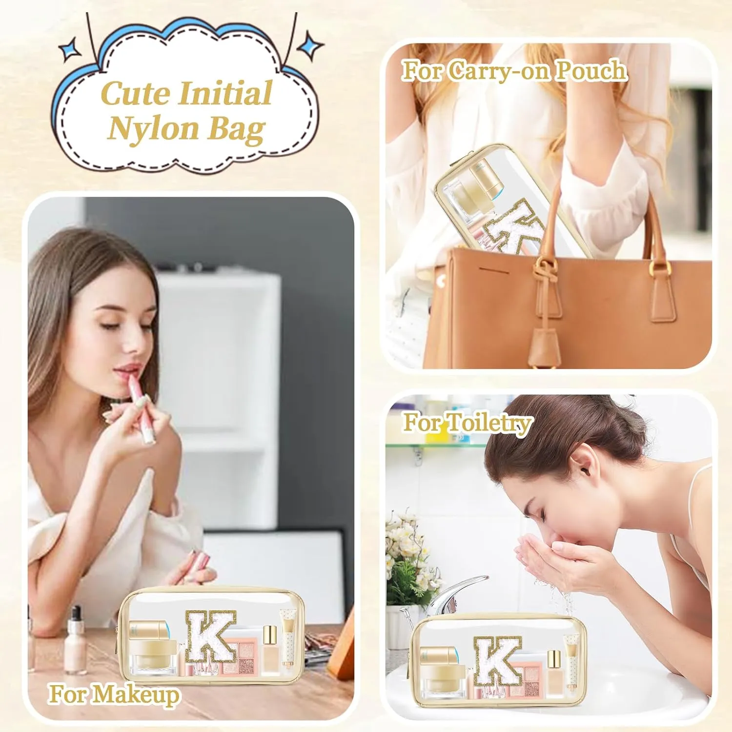 Small Clear Personalized Initial Makeup Bag,Nylon Preppy A-Z Chenille Letter Patch Cosmetic Pouch Beach Toiletry Bag,Waterproof Zipper Travel Purse Storage Bag Organizer for Women Girls(Beige-White K)