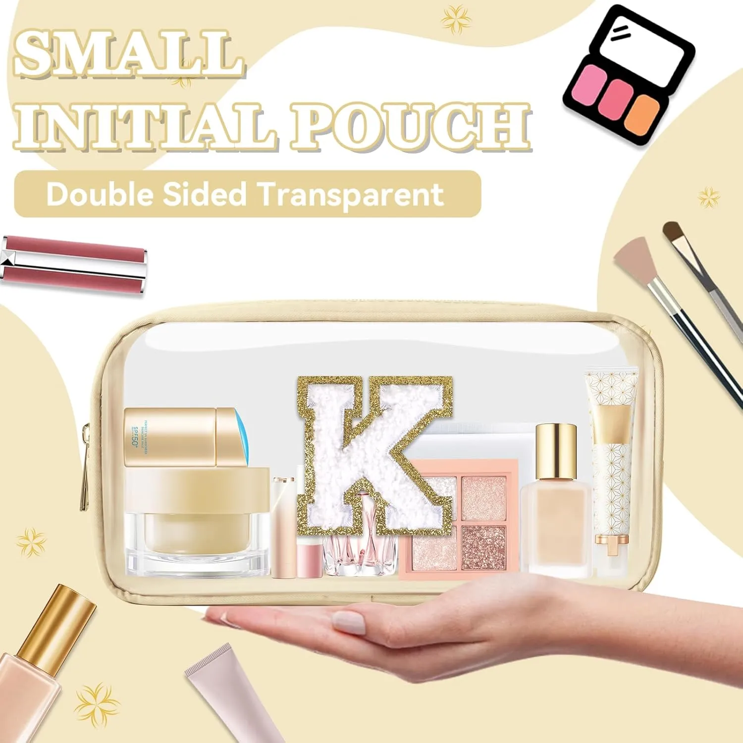 Small Clear Personalized Initial Makeup Bag,Nylon Preppy A-Z Chenille Letter Patch Cosmetic Pouch Beach Toiletry Bag,Waterproof Zipper Travel Purse Storage Bag Organizer for Women Girls(Beige-White K)