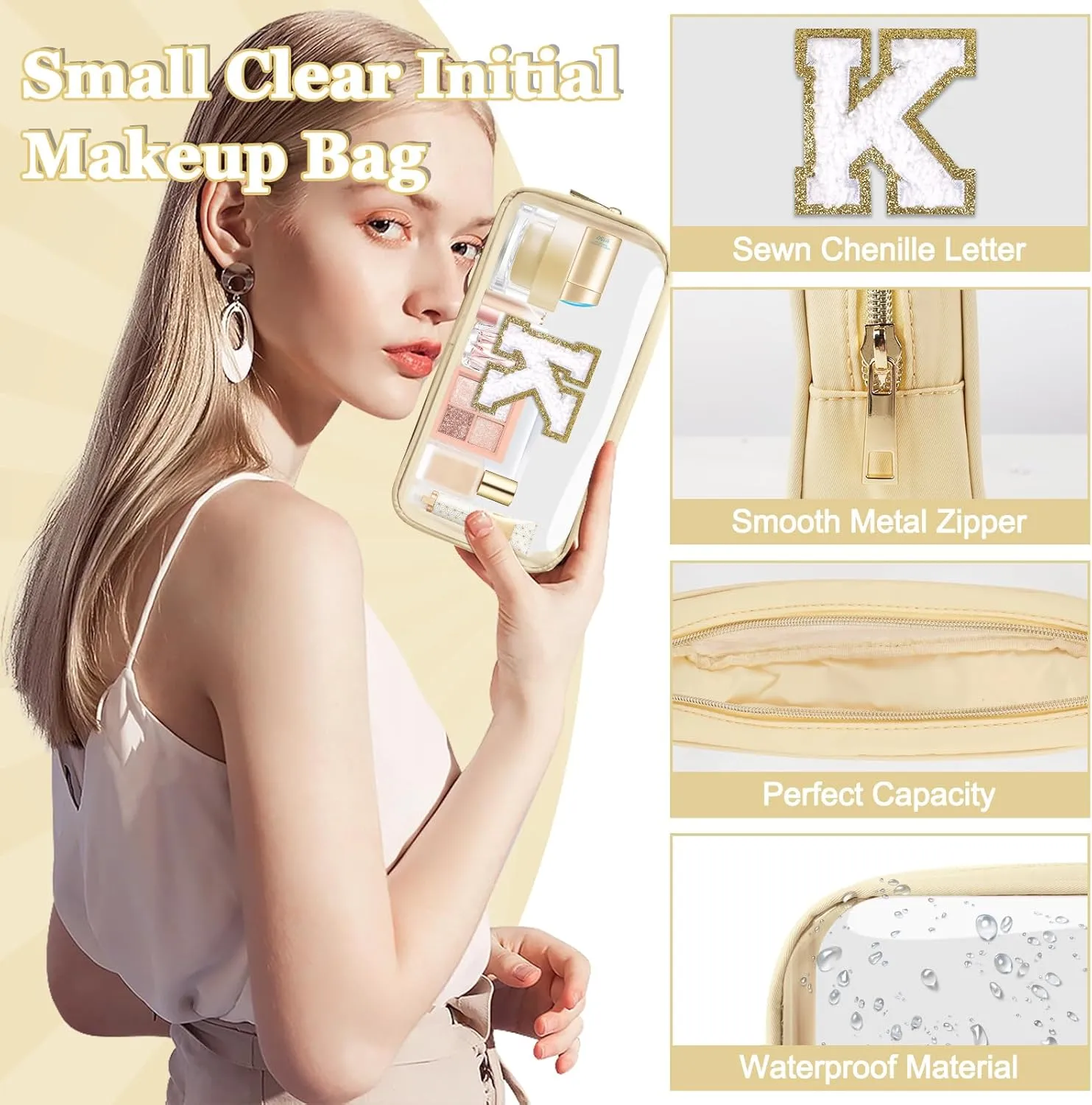 Small Clear Personalized Initial Makeup Bag,Nylon Preppy A-Z Chenille Letter Patch Cosmetic Pouch Beach Toiletry Bag,Waterproof Zipper Travel Purse Storage Bag Organizer for Women Girls(Beige-White K)