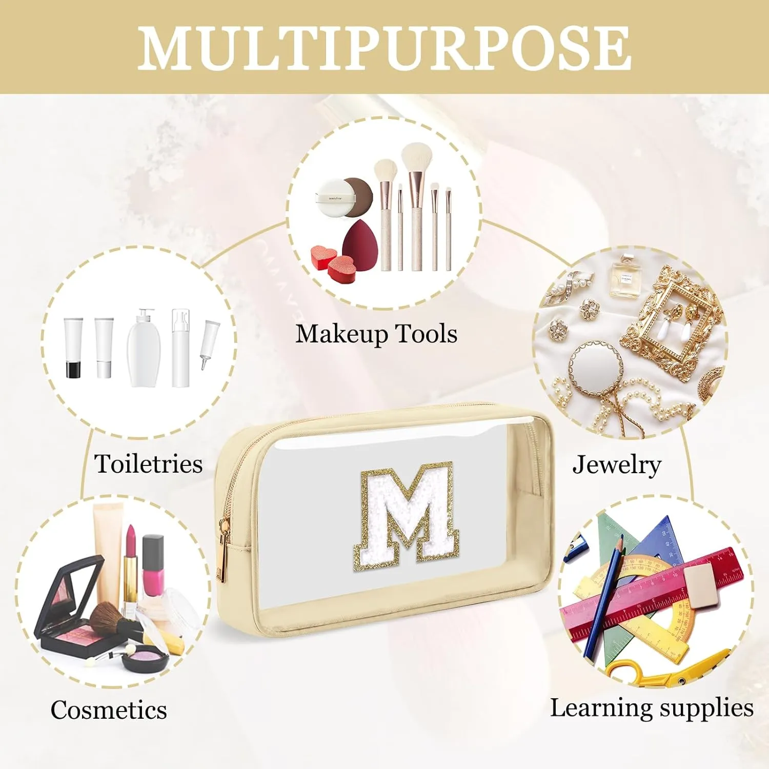 Small Clear Personalized Initial Makeup Bag,Nylon Preppy A-Z Chenille Letter Patch Cosmetic Pouch Beach Toiletry Bag,Waterproof Zipper Travel Purse Storage Bag Organizer for Women Girls(Beige-White M)