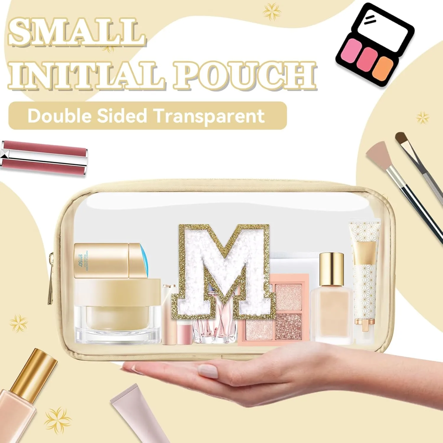 Small Clear Personalized Initial Makeup Bag,Nylon Preppy A-Z Chenille Letter Patch Cosmetic Pouch Beach Toiletry Bag,Waterproof Zipper Travel Purse Storage Bag Organizer for Women Girls(Beige-White M)
