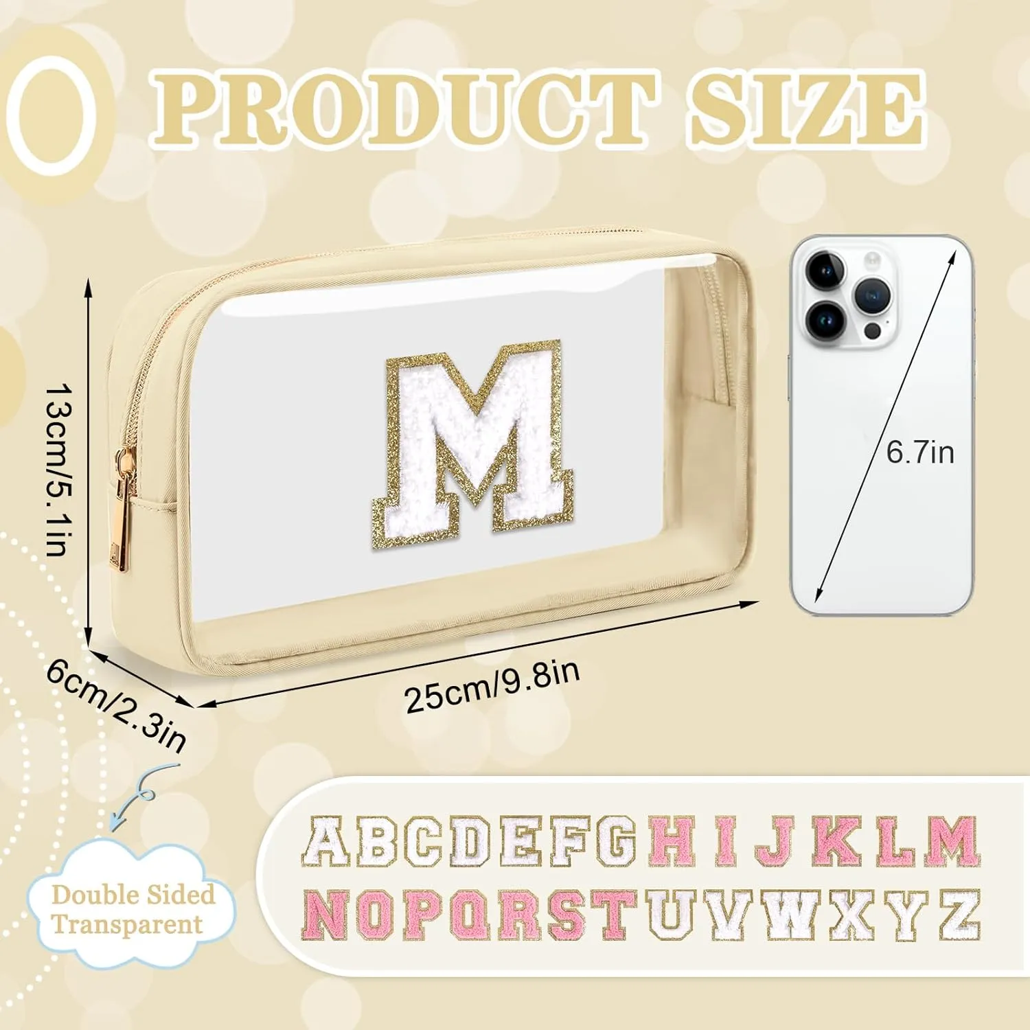 Small Clear Personalized Initial Makeup Bag,Nylon Preppy A-Z Chenille Letter Patch Cosmetic Pouch Beach Toiletry Bag,Waterproof Zipper Travel Purse Storage Bag Organizer for Women Girls(Beige-White M)