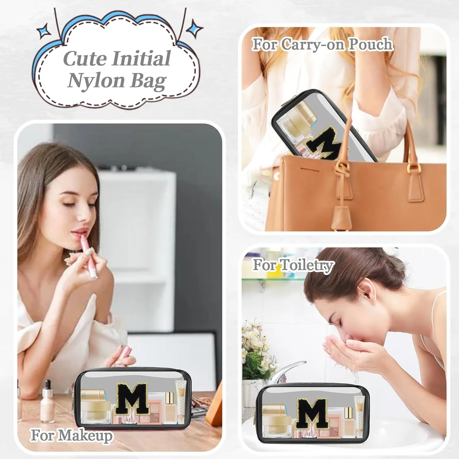 Small Clear Personalized Initial Makeup Bag,Nylon Preppy A-Z Chenille Letter Patch Cosmetic Pouch Beach Toiletry Bag,Waterproof Zipper Travel Purse Storage Bag Organizer for Women Girls(Black-Black M)