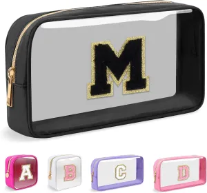Small Clear Personalized Initial Makeup Bag,Nylon Preppy A-Z Chenille Letter Patch Cosmetic Pouch Beach Toiletry Bag,Waterproof Zipper Travel Purse Storage Bag Organizer for Women Girls(Black-Black M)
