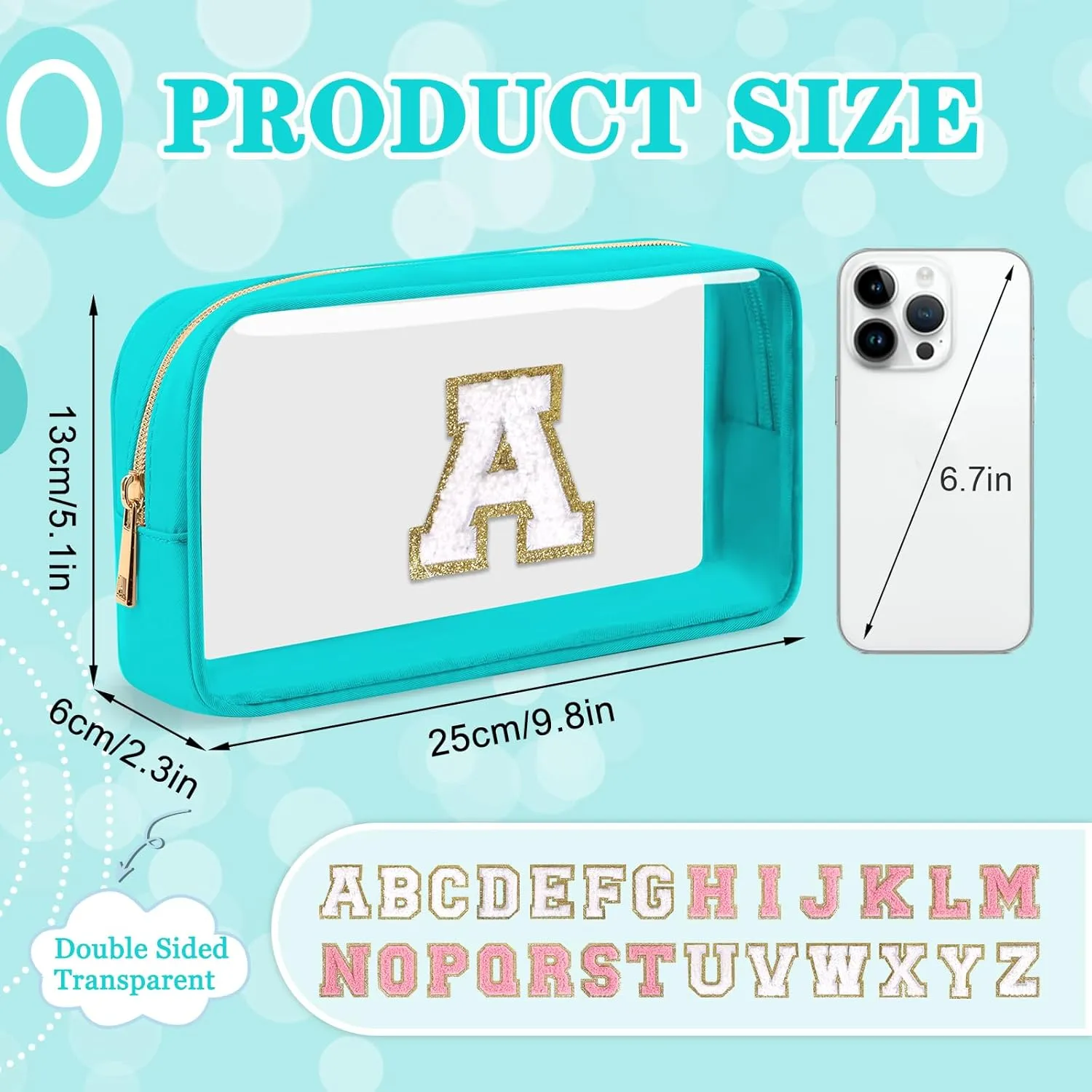 Small Clear Personalized Initial Makeup Bag,Nylon Preppy A-Z Chenille Letter Patch Cosmetic Pouch Beach Toiletry Bag,Waterproof Zipper Travel Purse Storage Bag Organizer for Women Girls(Cyan-White A)