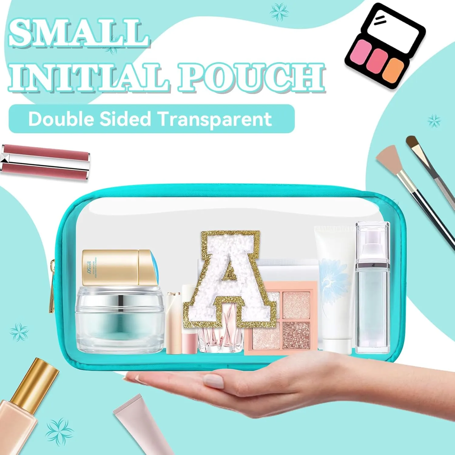 Small Clear Personalized Initial Makeup Bag,Nylon Preppy A-Z Chenille Letter Patch Cosmetic Pouch Beach Toiletry Bag,Waterproof Zipper Travel Purse Storage Bag Organizer for Women Girls(Cyan-White A)