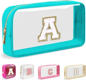 Small Clear Personalized Initial Makeup Bag,Nylon Preppy A-Z Chenille Letter Patch Cosmetic Pouch Beach Toiletry Bag,Waterproof Zipper Travel Purse Storage Bag Organizer for Women Girls(Cyan-White A)