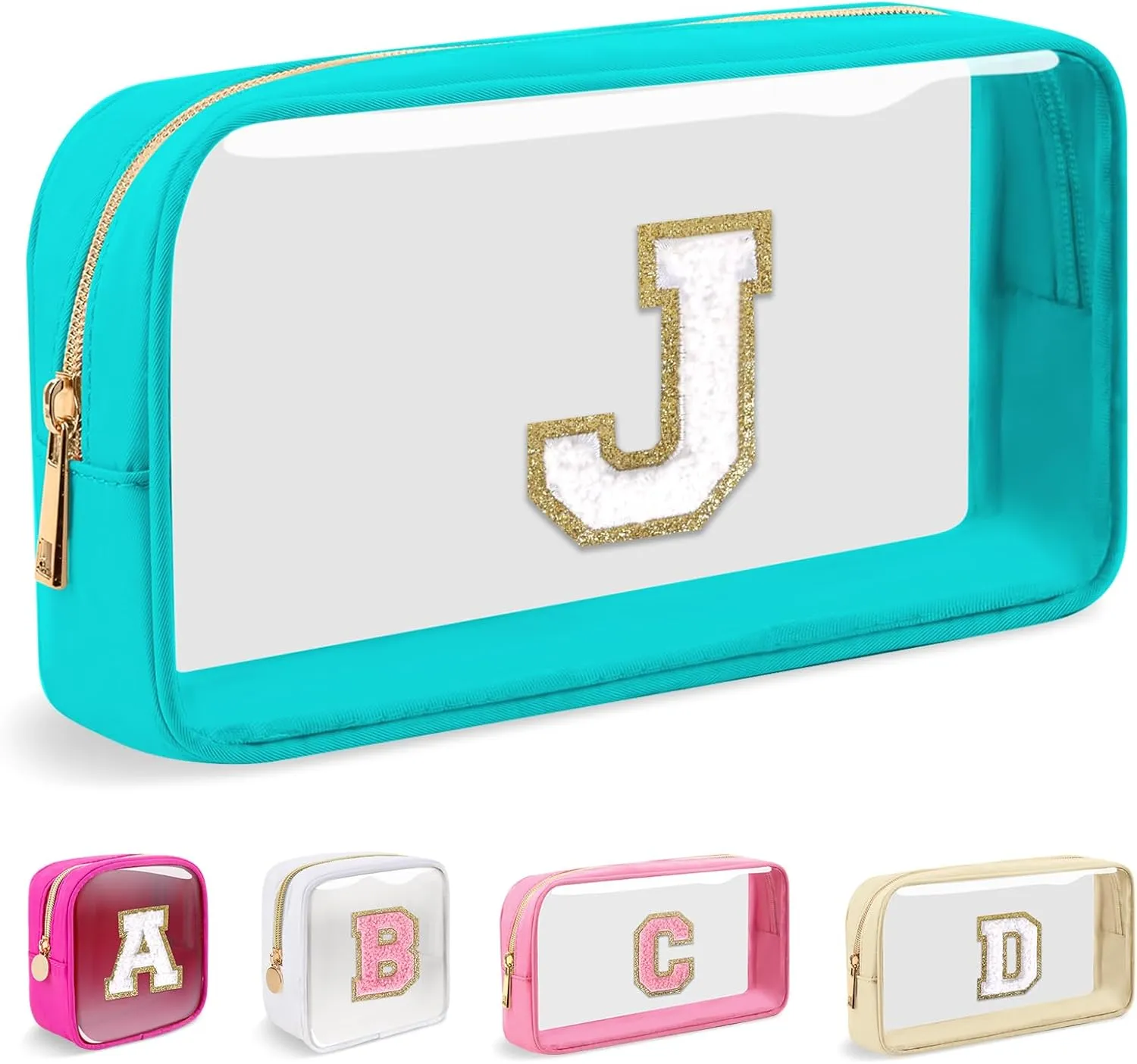 Small Clear Personalized Initial Makeup Bag,Nylon Preppy A-Z Chenille Letter Patch Cosmetic Pouch Beach Toiletry Bag,Waterproof Zipper Travel Purse Storage Bag Organizer for Women Girls(Cyan-White J)