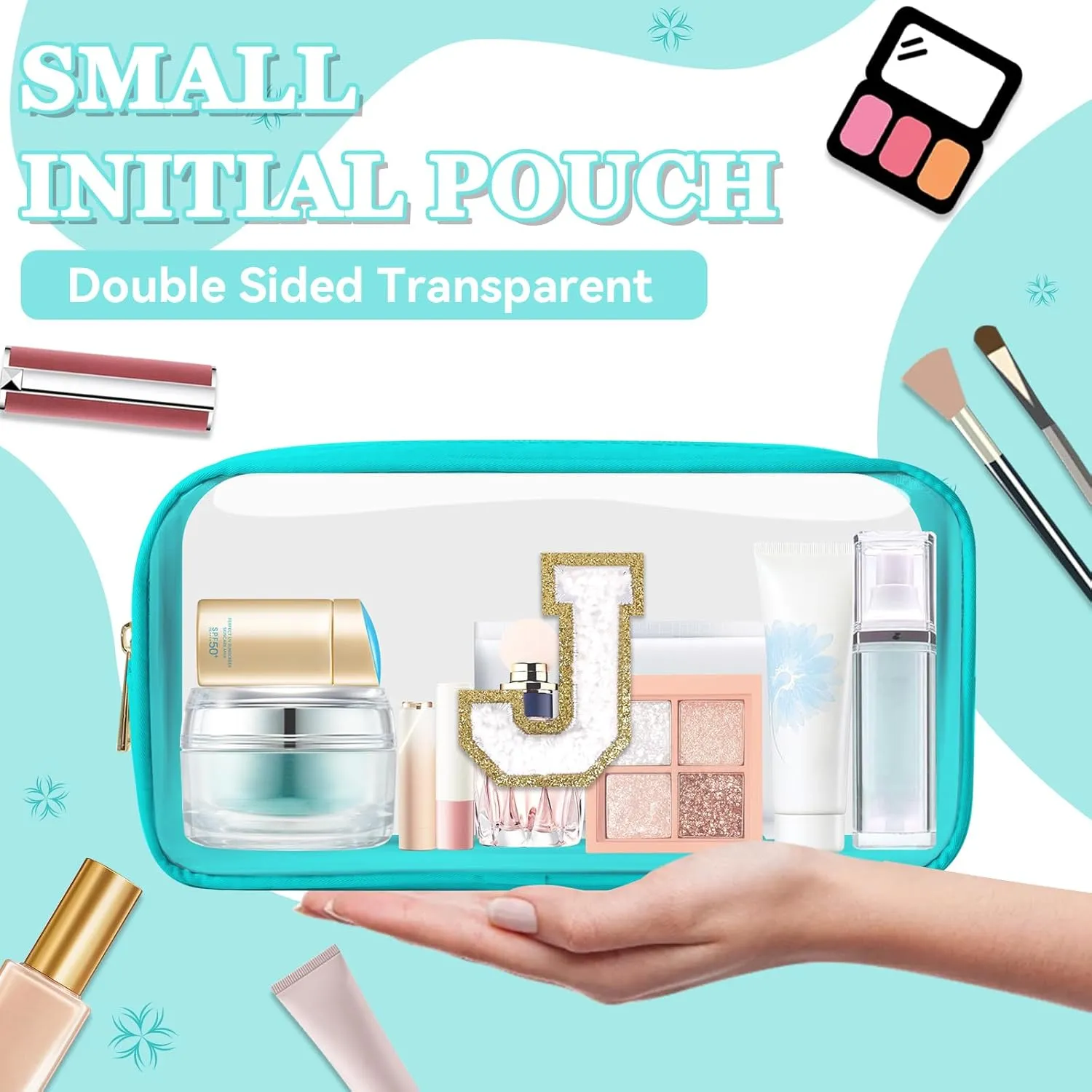 Small Clear Personalized Initial Makeup Bag,Nylon Preppy A-Z Chenille Letter Patch Cosmetic Pouch Beach Toiletry Bag,Waterproof Zipper Travel Purse Storage Bag Organizer for Women Girls(Cyan-White J)