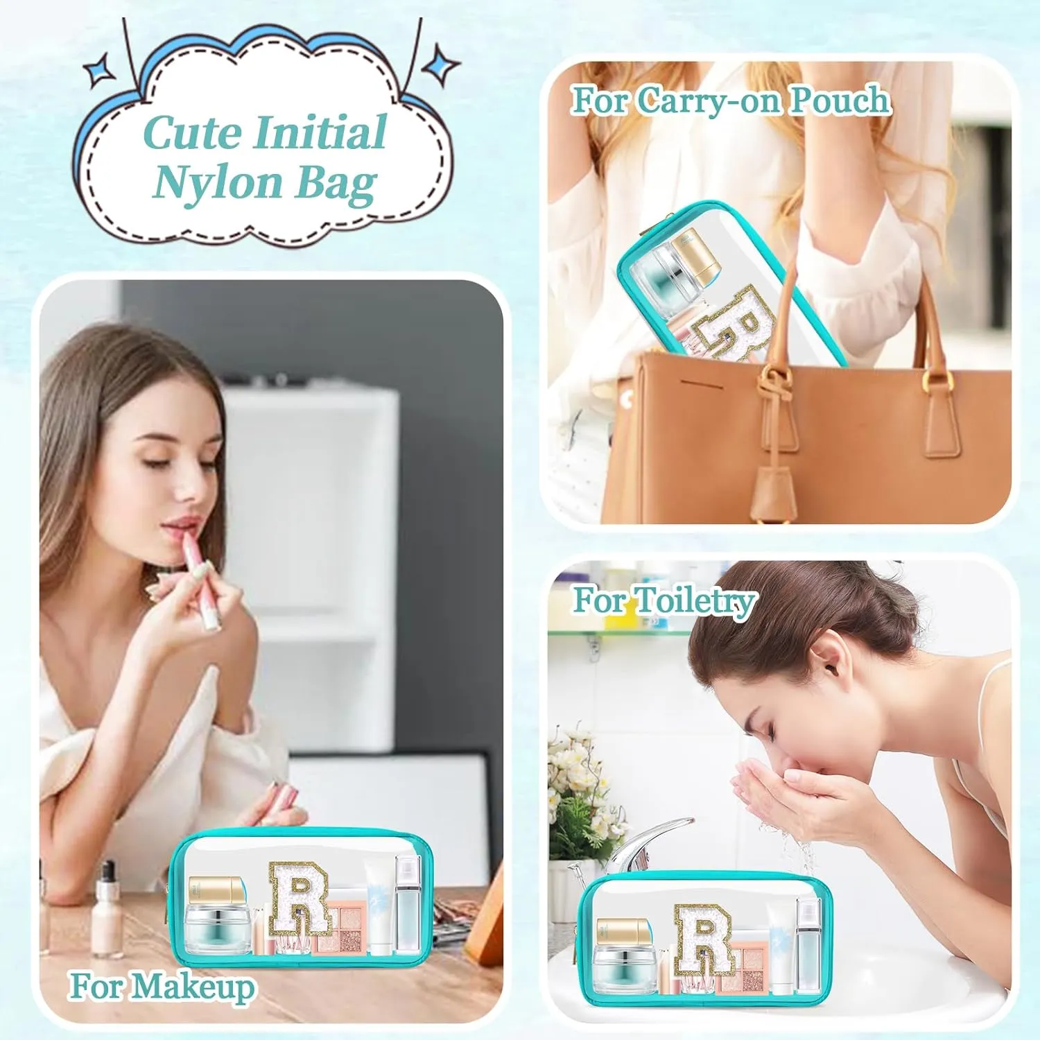 Small Clear Personalized Initial Makeup Bag,Nylon Preppy A-Z Chenille Letter Patch Cosmetic Pouch Beach Toiletry Bag,Waterproof Zipper Travel Purse Storage Bag Organizer for Women Girls(Cyan-White R)