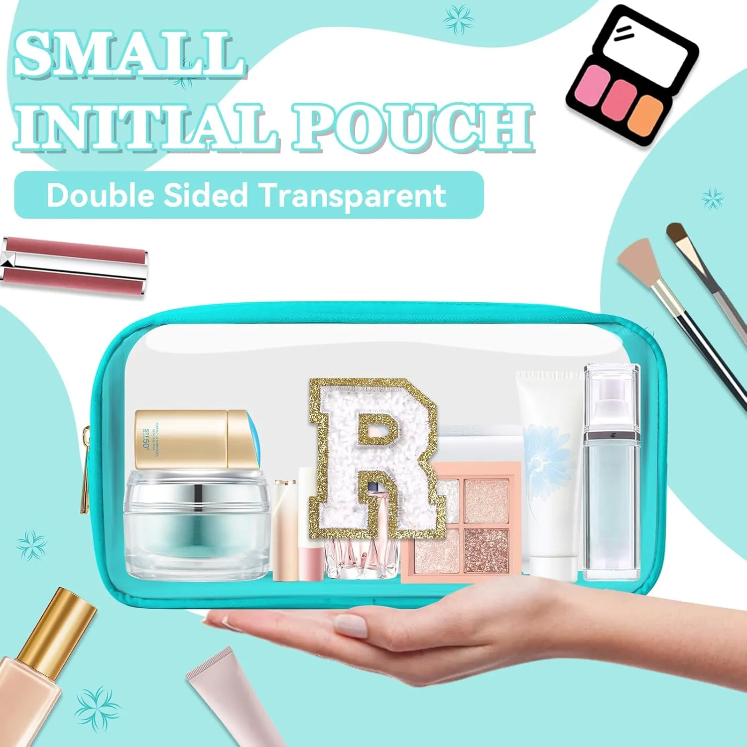 Small Clear Personalized Initial Makeup Bag,Nylon Preppy A-Z Chenille Letter Patch Cosmetic Pouch Beach Toiletry Bag,Waterproof Zipper Travel Purse Storage Bag Organizer for Women Girls(Cyan-White R)