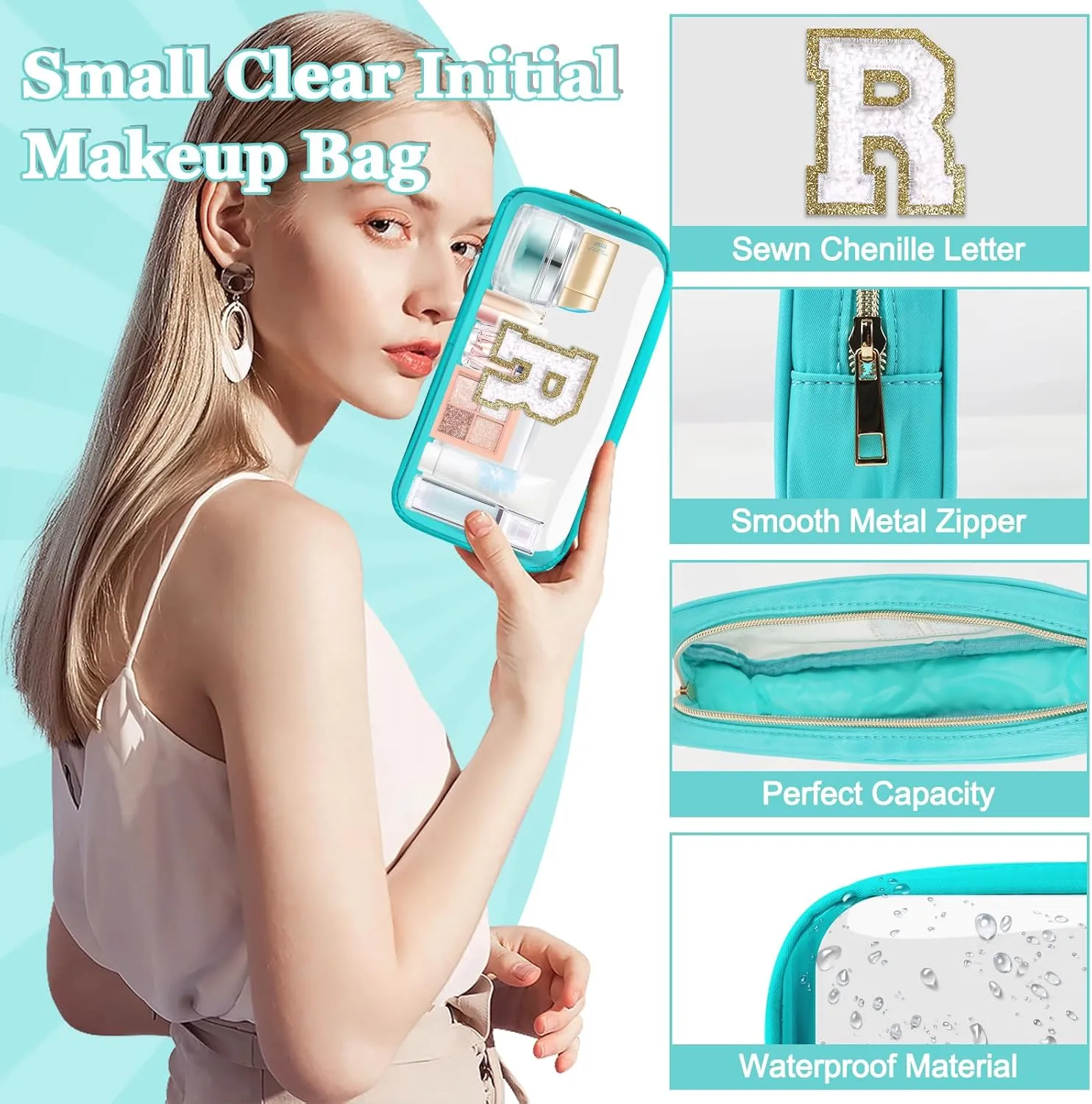 Small Clear Personalized Initial Makeup Bag,Nylon Preppy A-Z Chenille Letter Patch Cosmetic Pouch Beach Toiletry Bag,Waterproof Zipper Travel Purse Storage Bag Organizer for Women Girls(Cyan-White R)