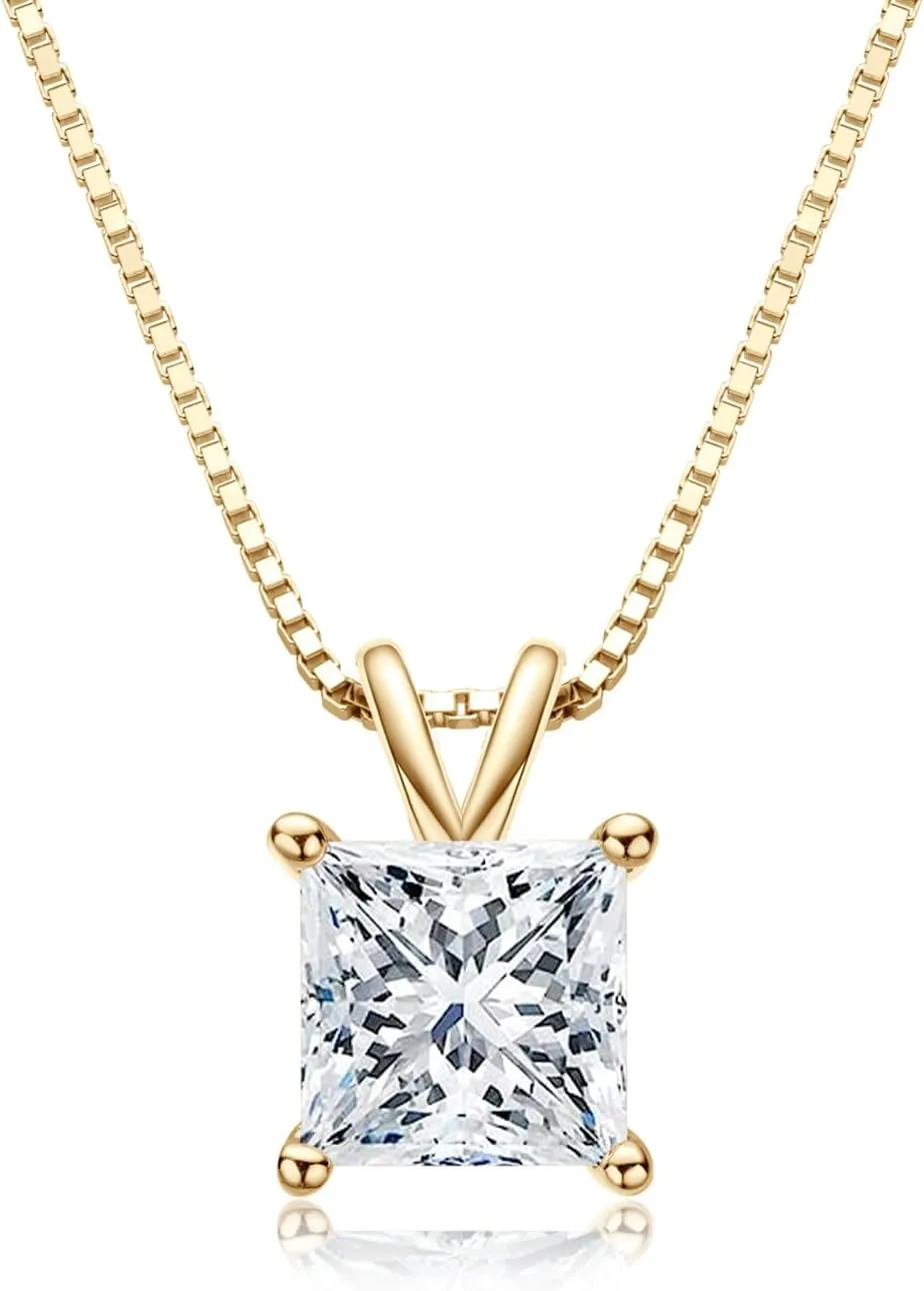 Solitaire Pendant for Women, Emerald/Square Princess/Marquise/Trillion Cut CZ Necklaces, 18K White and Gold-plated 925 Sterling Silver Ideas Gift, Jewelry Box Packed
