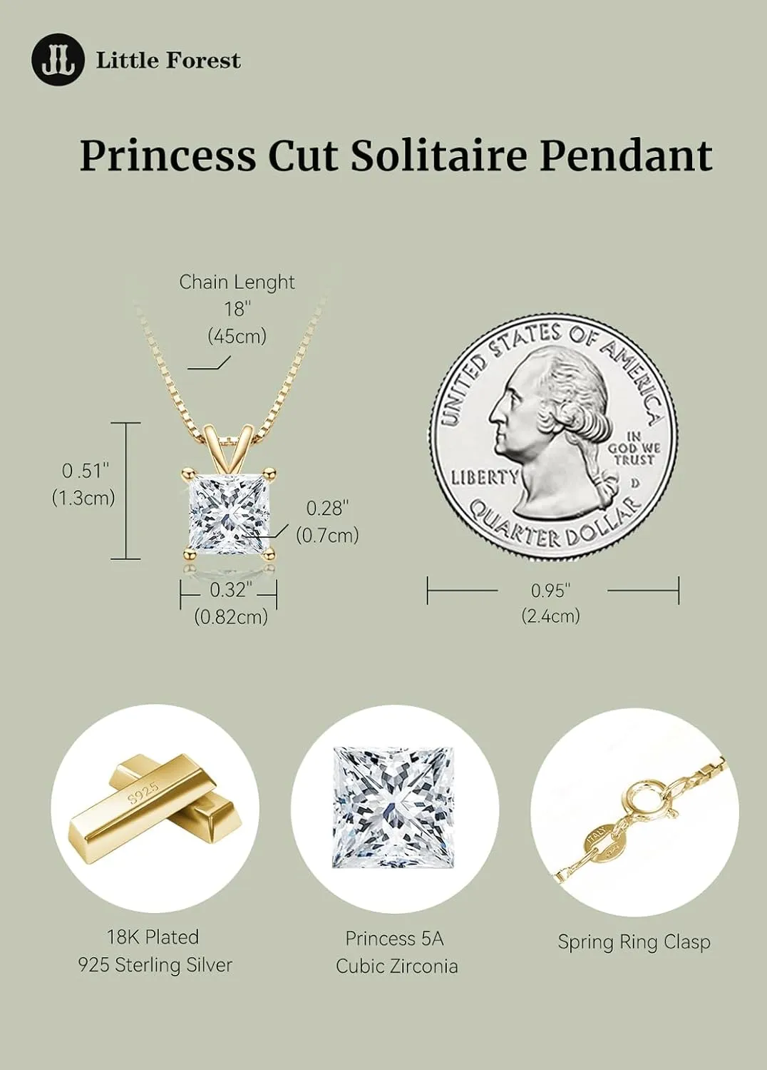 Solitaire Pendant for Women, Emerald/Square Princess/Marquise/Trillion Cut CZ Necklaces, 18K White and Gold-plated 925 Sterling Silver Ideas Gift, Jewelry Box Packed