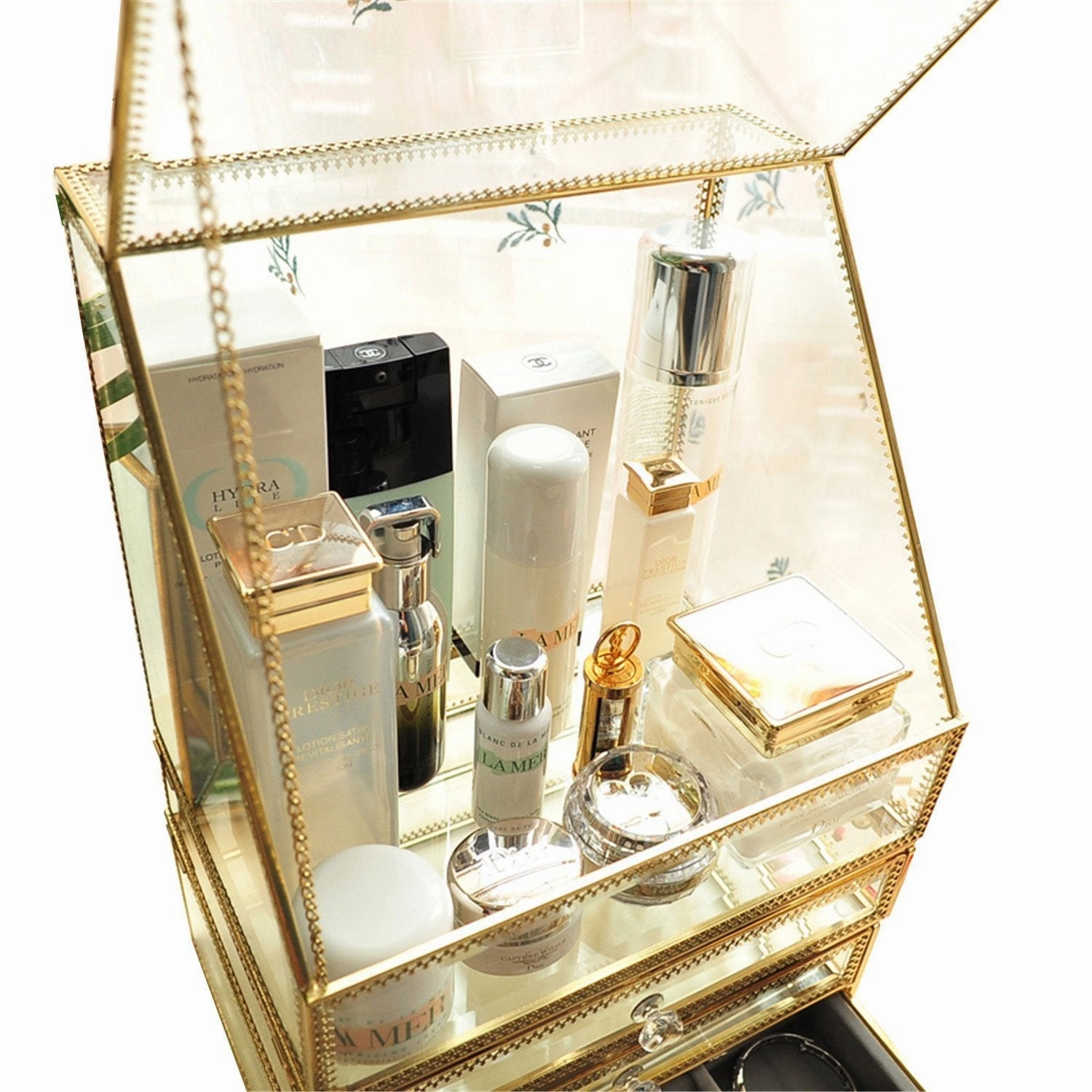 Spacious Palette Storage Stunning Large Glass Beauty Display Cosmetics Makeup Organizer/ Vanity Holder with Slanted Front Open Lid-Cosmetic Storage for Makeup, Brushes, Perfumes, Skincare in Gold