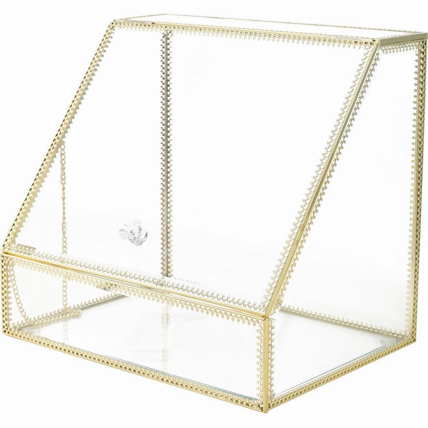 Spacious Palette Storage Stunning Large Glass Beauty Display Cosmetics Makeup Organizer/ Vanity Holder with Slanted Front Open Lid-Cosmetic Storage for Makeup, Brushes, Perfumes, Skincare in Gold