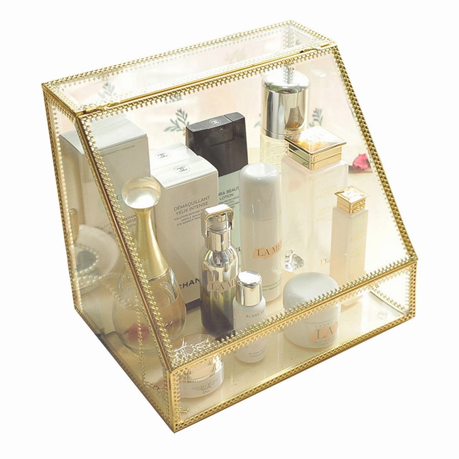 Spacious Palette Storage Stunning Large Glass Beauty Display Cosmetics Makeup Organizer/ Vanity Holder with Slanted Front Open Lid-Cosmetic Storage for Makeup, Brushes, Perfumes, Skincare in Gold