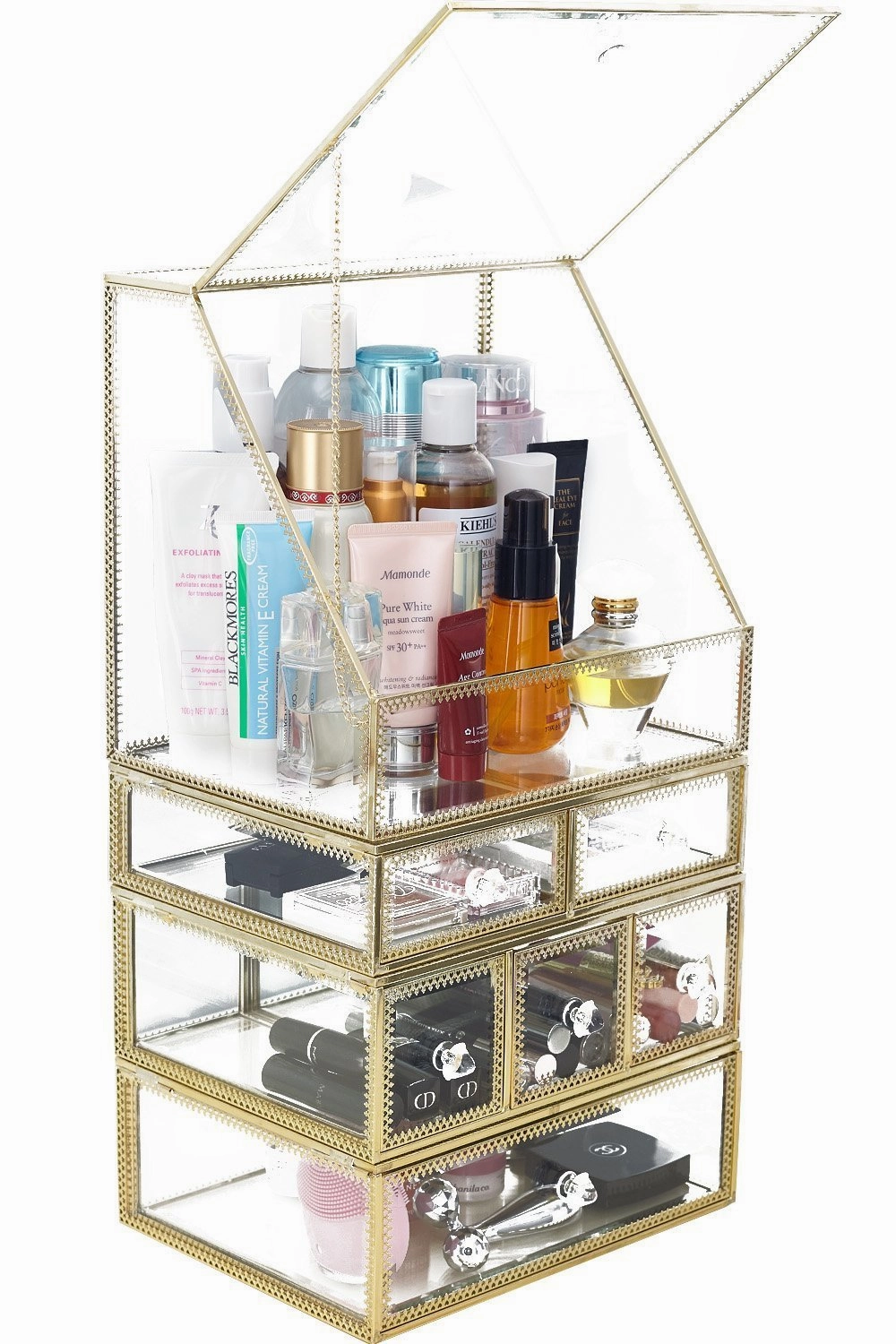 Spacious Palette Storage Stunning Large Glass Beauty Display Cosmetics Makeup Organizer/ Vanity Holder with Slanted Front Open Lid-Cosmetic Storage for Makeup, Brushes, Perfumes, Skincare in Gold