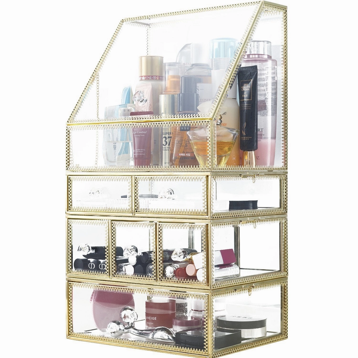 Spacious Palette Storage Stunning Large Glass Beauty Display Cosmetics Makeup Organizer/ Vanity Holder with Slanted Front Open Lid-Cosmetic Storage for Makeup, Brushes, Perfumes, Skincare in Gold