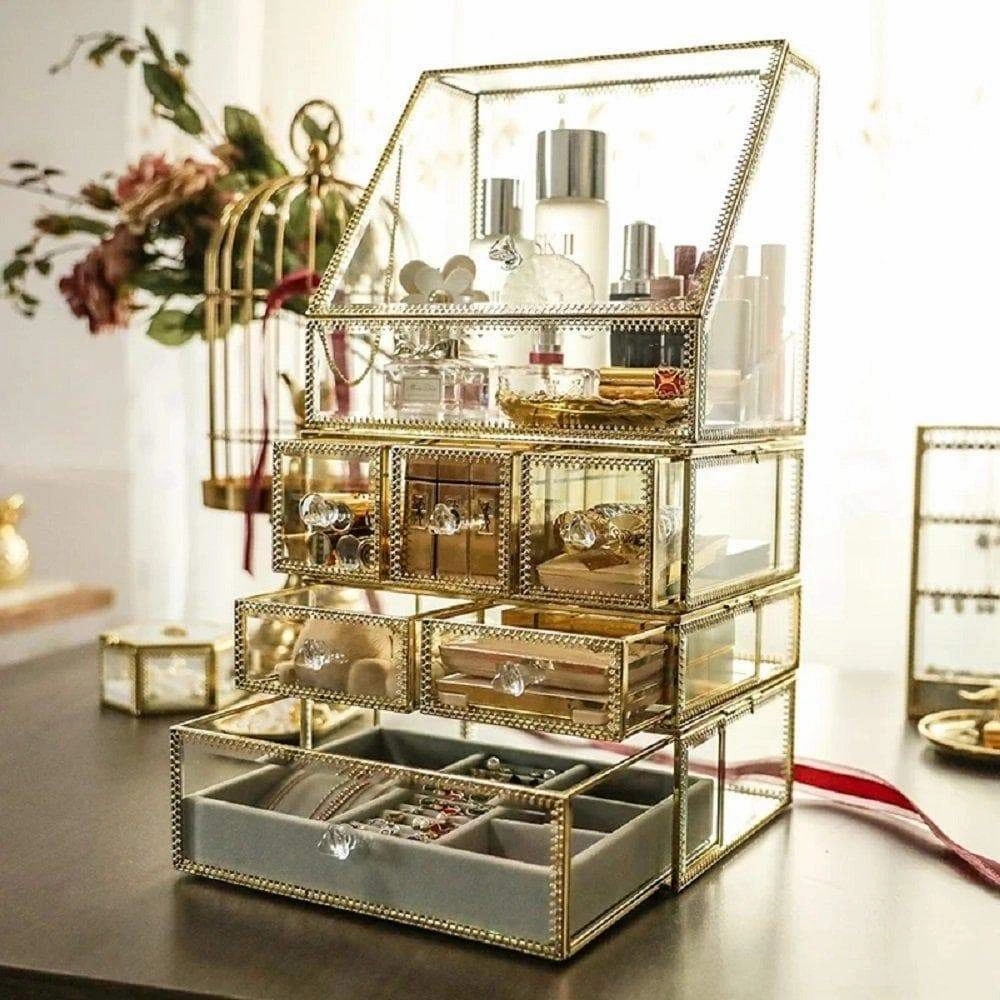Spacious Palette Storage Stunning Large Glass Beauty Display Cosmetics Makeup Organizer/ Vanity Holder with Slanted Front Open Lid-Cosmetic Storage for Makeup, Brushes, Perfumes, Skincare in Gold