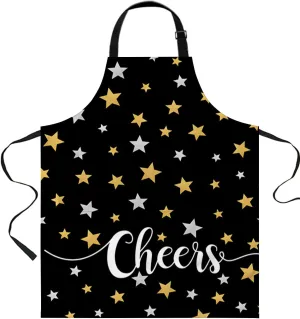 Star Gold Waterproof Apron With Pockets, Kitchen Chefs Bib Cooking BBQ Grill Bake Adjustable Aprons for Women/Kids Home Garden Grooming Painting Gardening Merry Cheers Modern Minimalist Grey Black