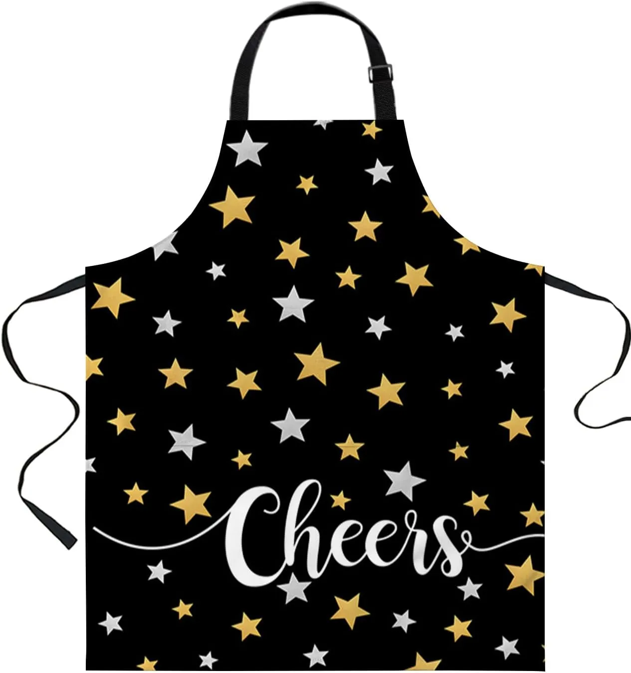 Star Gold Waterproof Apron With Pockets, Kitchen Chefs Bib Cooking BBQ Grill Bake Adjustable Aprons for Women/Kids Home Garden Grooming Painting Gardening Merry Cheers Modern Minimalist Grey Black