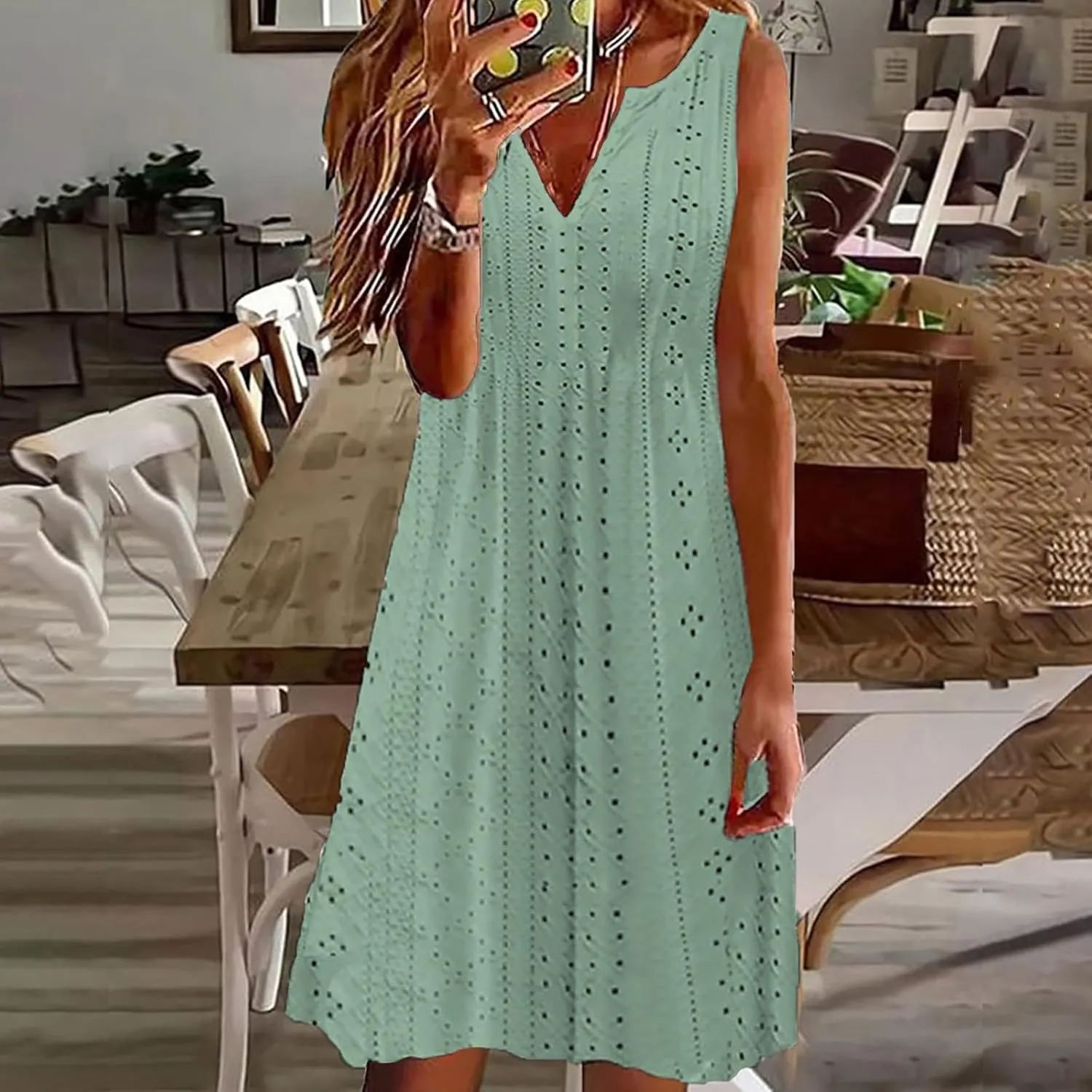 Summer Dresses for Women 2025 V Neck Sleeveless Tank Dresses Soft Eyelet Casual Loose Fitted Mini Sun Dresses