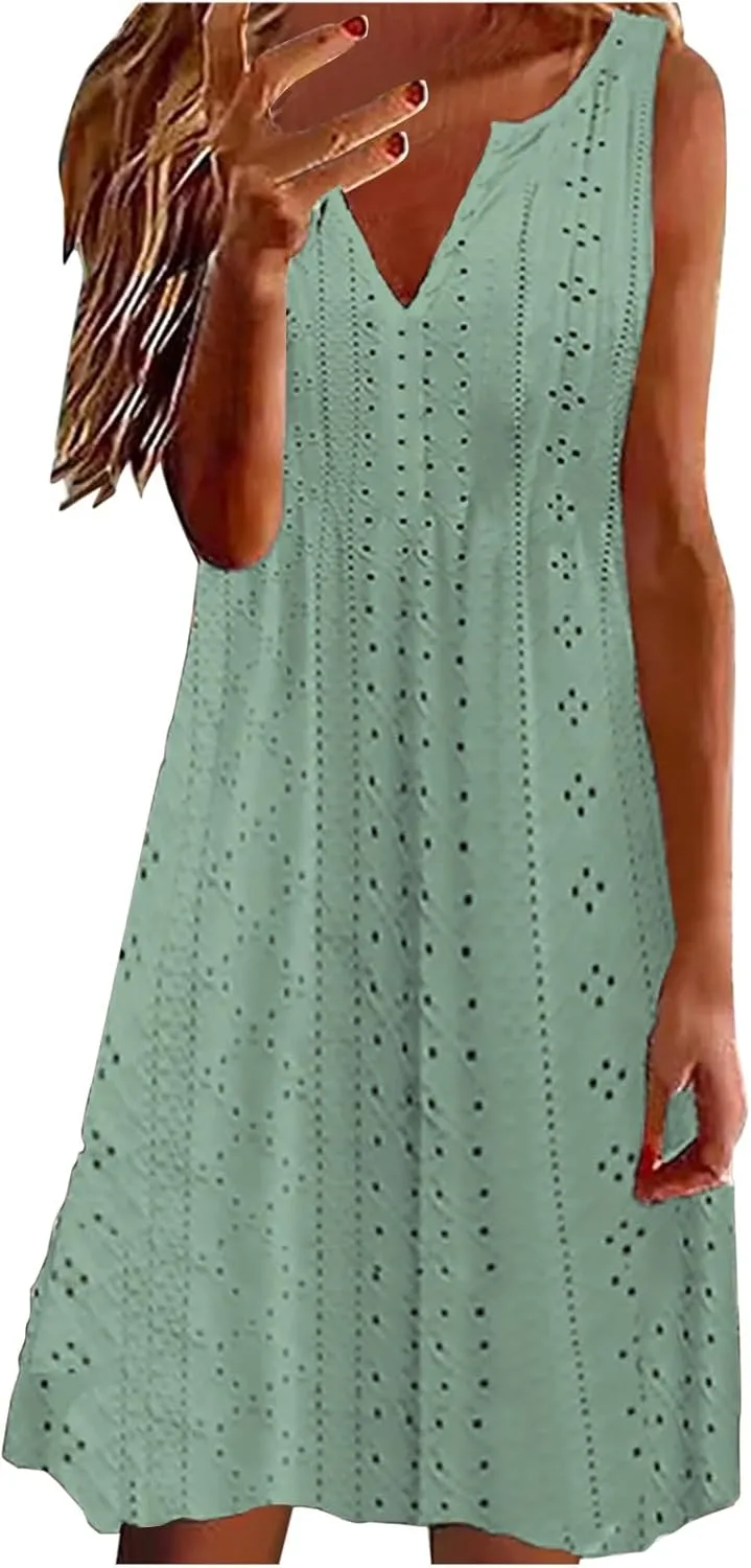Summer Dresses for Women 2025 V Neck Sleeveless Tank Dresses Soft Eyelet Casual Loose Fitted Mini Sun Dresses