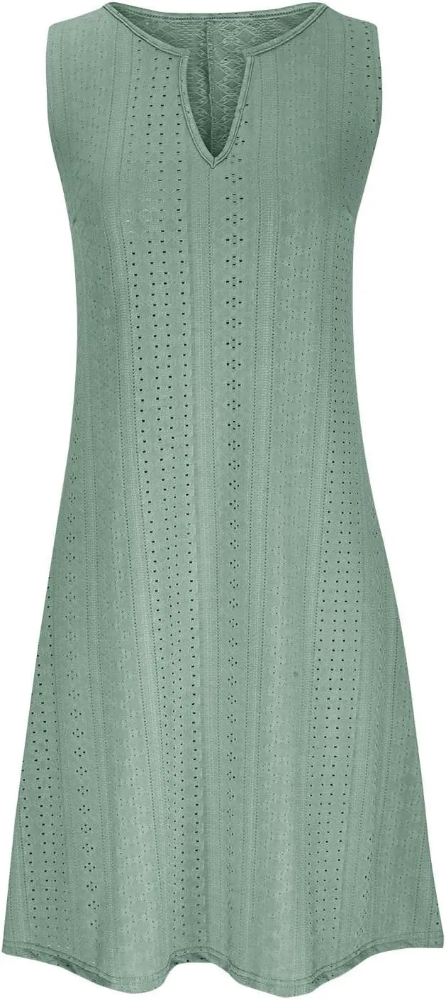 Summer Dresses for Women 2025 V Neck Sleeveless Tank Dresses Soft Eyelet Casual Loose Fitted Mini Sun Dresses