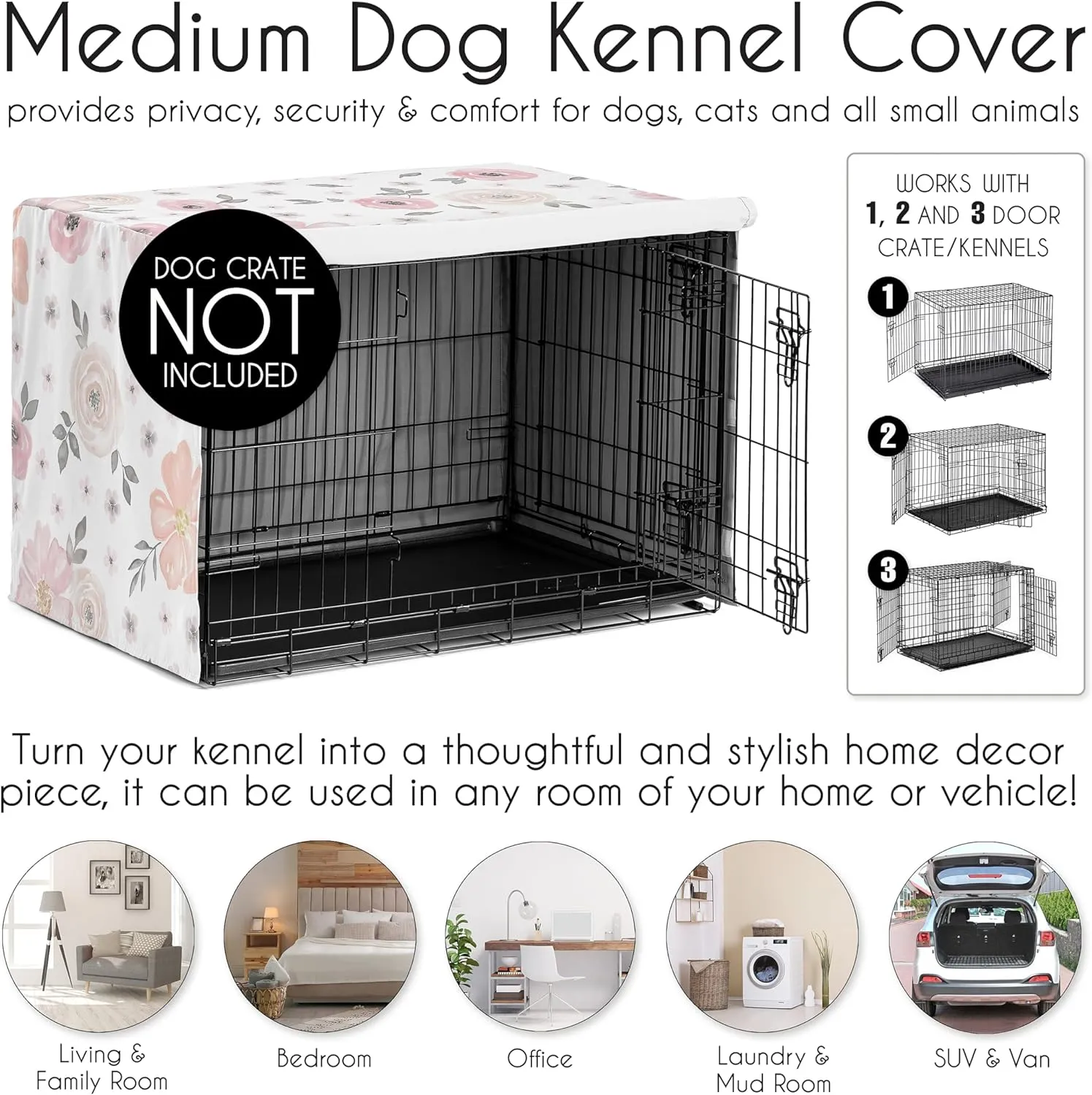 Sweet Jojo Designs 36in. Medium Dog Crate Cover (Pink/Grey Boho Floral) for Girls Pet Cage, Kennel Covers (Watercolor, Flower, Elegant Rose, Bohemian, Shabby Chic, Farmhouse, Nature, Blush & Gray)