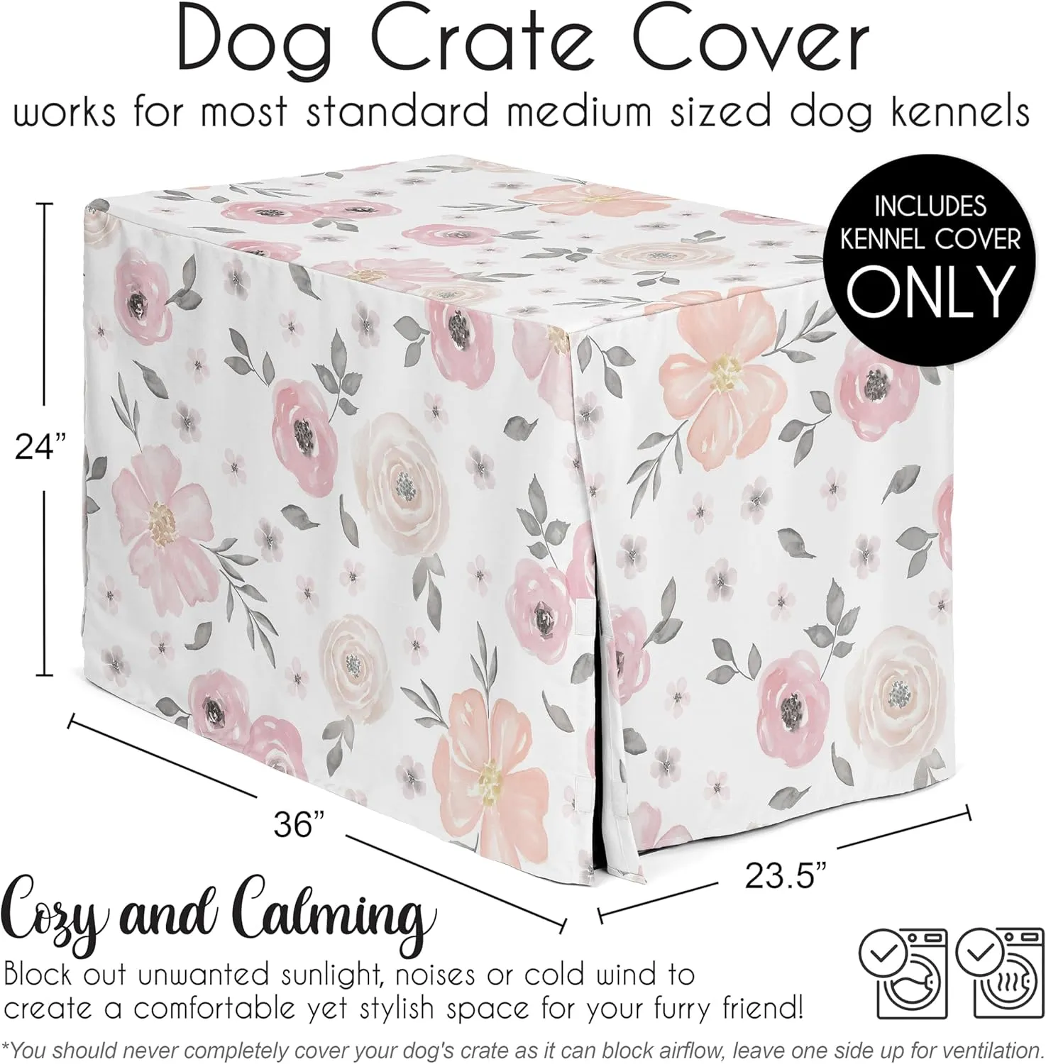 Sweet Jojo Designs 36in. Medium Dog Crate Cover (Pink/Grey Boho Floral) for Girls Pet Cage, Kennel Covers (Watercolor, Flower, Elegant Rose, Bohemian, Shabby Chic, Farmhouse, Nature, Blush & Gray)