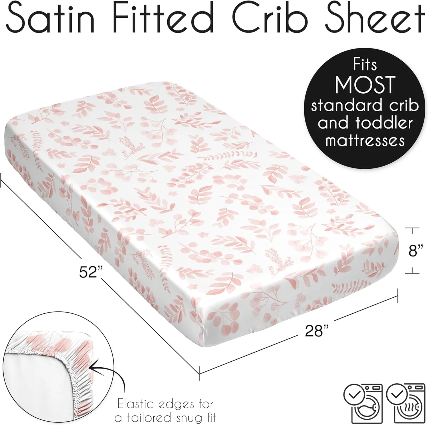 Sweet Jojo Designs Blush Pink and White Floral Leaf Girl Baby Satin Fitted Crib Sheet Infant Newborn Nursery Toddler Bed Room Standard Mattress Boho Chic Bohemian Watercolor Botanical Woodland Garden