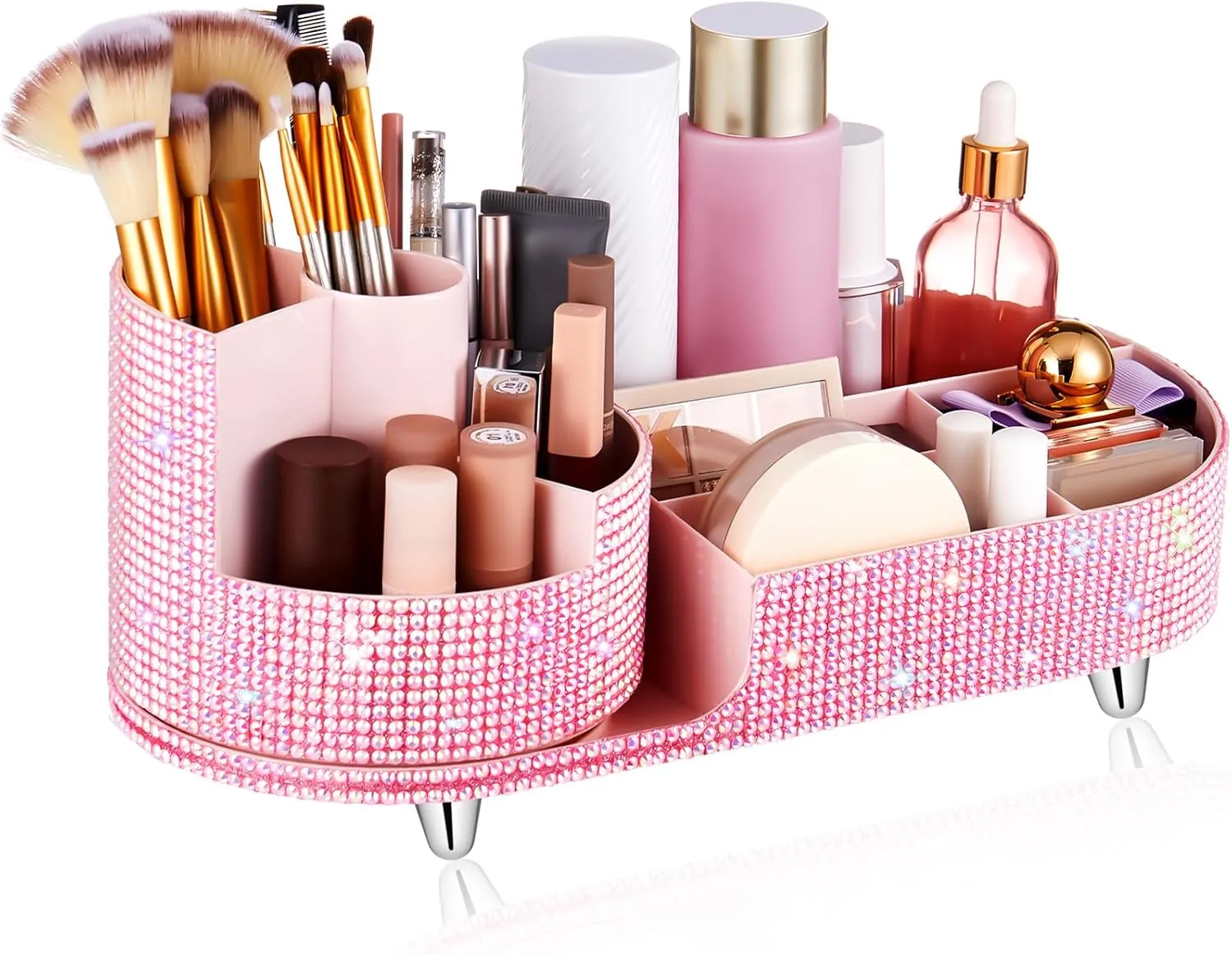 Teen Girls Women Gift Bling Makeup Organizer Large Girly Makeup Organizer 360 Rotating Rhinestone Diamond Skin Care Brush Holder for Countertop Bathroom, Teen Girls Essentials (Pink)
