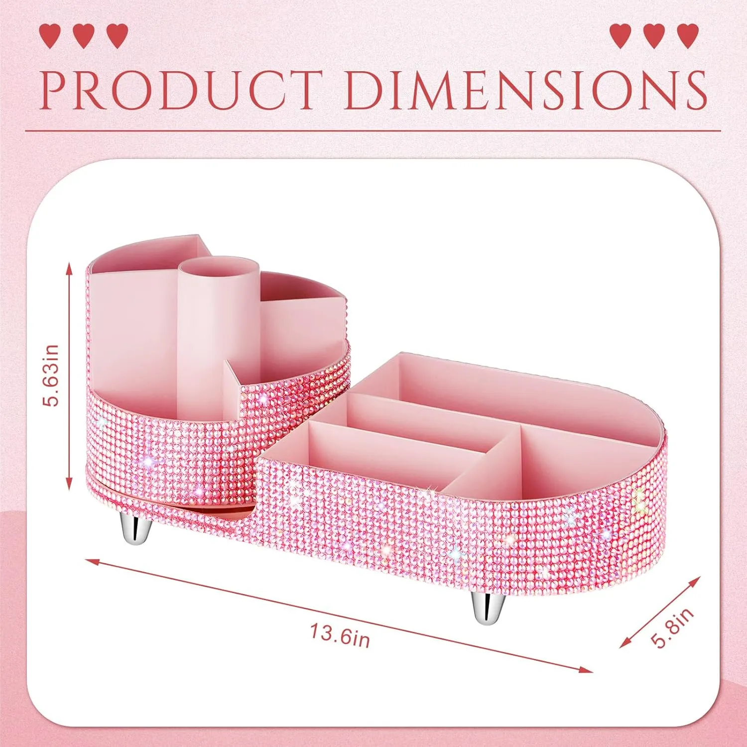 Teen Girls Women Gift Bling Makeup Organizer Large Girly Makeup Organizer 360 Rotating Rhinestone Diamond Skin Care Brush Holder for Countertop Bathroom, Teen Girls Essentials (Pink)