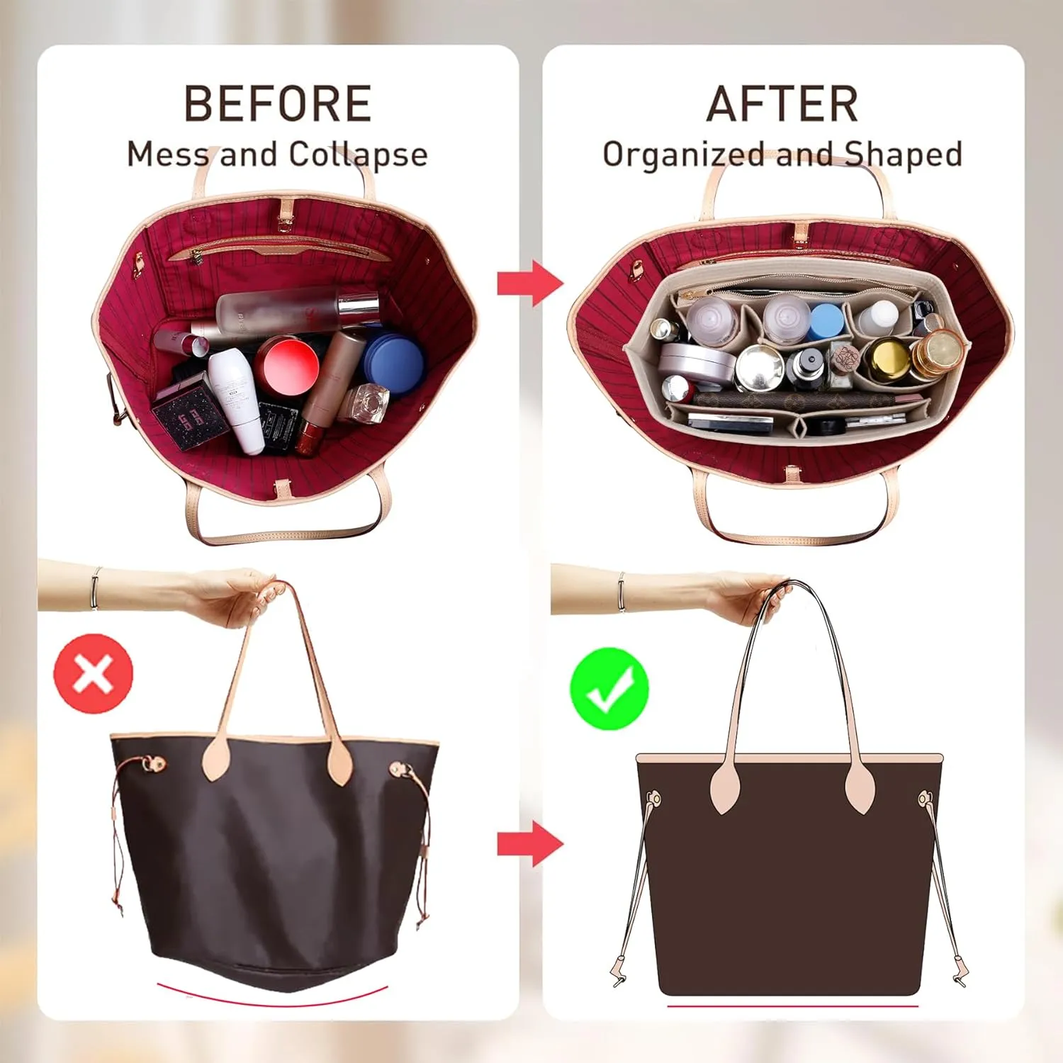 Tote Bag Organizer Insert with Base Shaper,Felt Bag Organizer Insert Compatible with Le pliage Large,neverfull MM,C.oach City 33,G.oyard PM and More, Purse Divider for Bags,Beige/L