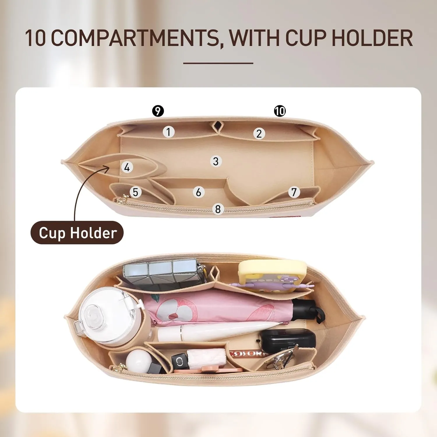 Tote Bag Organizer Insert with Base Shaper,Felt Bag Organizer Insert Compatible with Le pliage Large,neverfull MM,C.oach City 33,G.oyard PM and More, Purse Divider for Bags,Beige/L