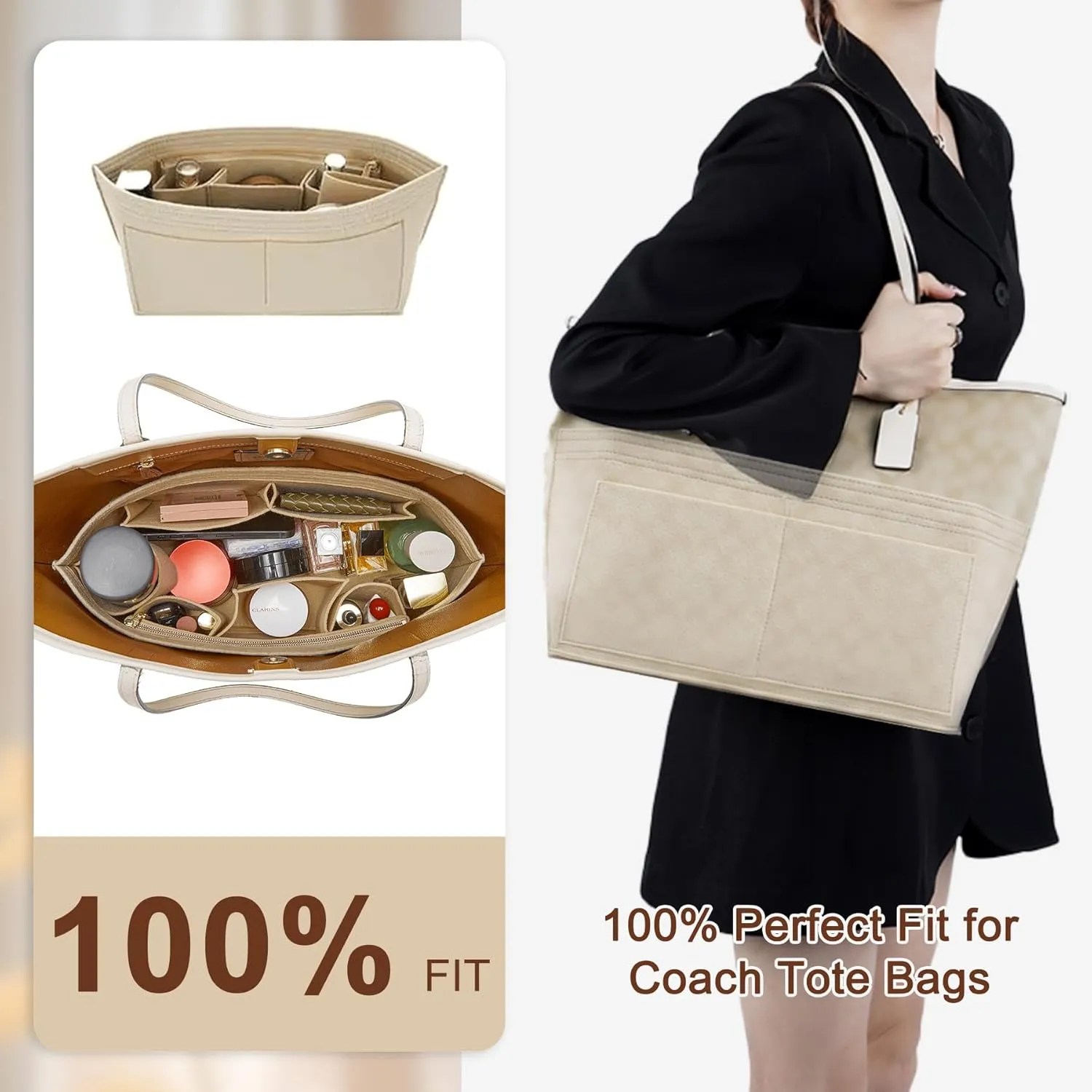 Tote Bag Organizer Insert with Base Shaper,Felt Bag Organizer Insert Compatible with Le pliage Large,neverfull MM,C.oach City 33,G.oyard PM and More, Purse Divider for Bags,Beige/L