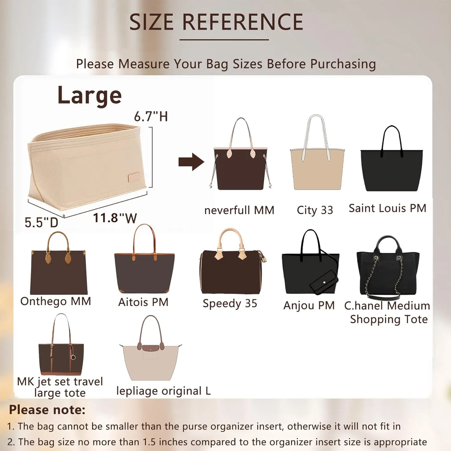 Tote Bag Organizer Insert with Base Shaper,Felt Bag Organizer Insert Compatible with Le pliage Large,neverfull MM,C.oach City 33,G.oyard PM and More, Purse Divider for Bags,Beige/L